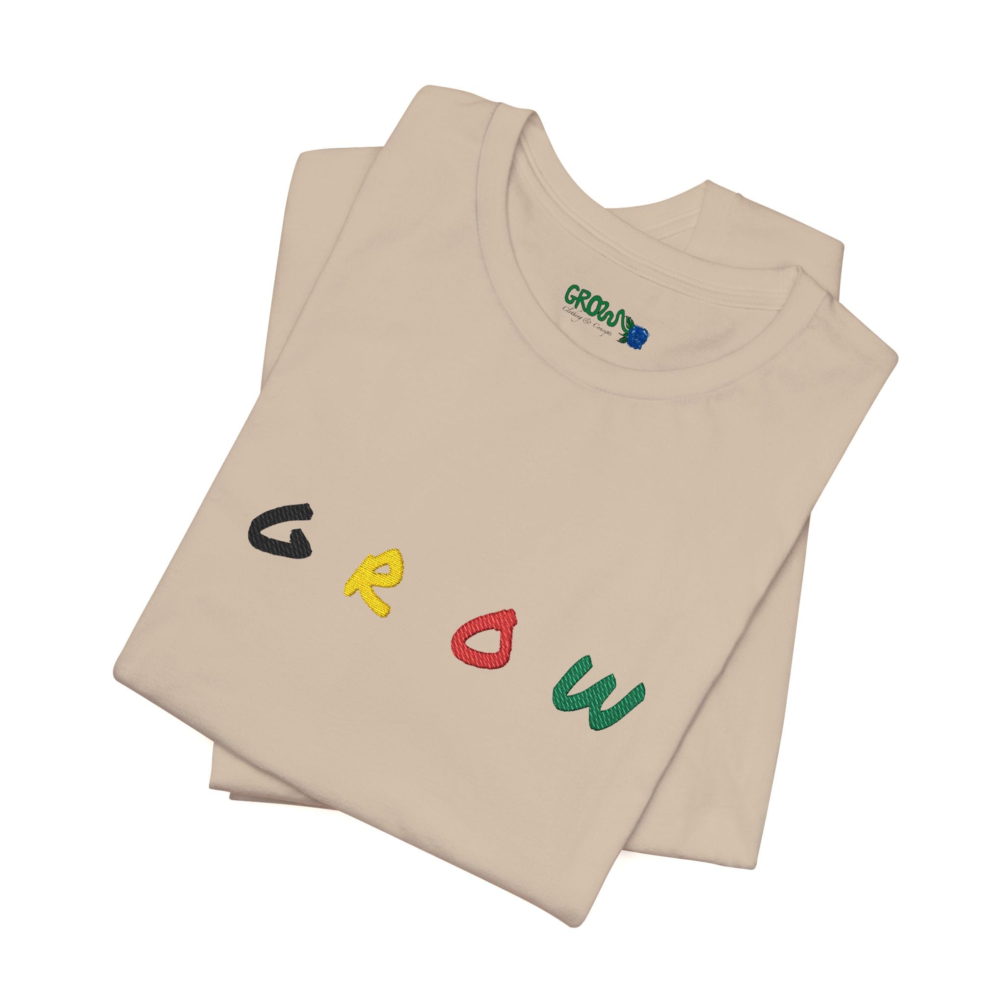 Grow Unisex embroidered Jersey Tee, positive streetwear, Evolve & Thrive on Sleeves