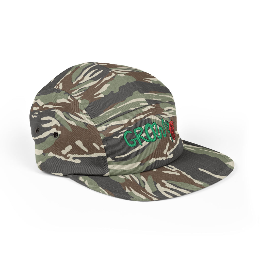 The Grow Clothing™ Embroidered 5 Panel Cap – Grows ICON  Design with rose on the back.