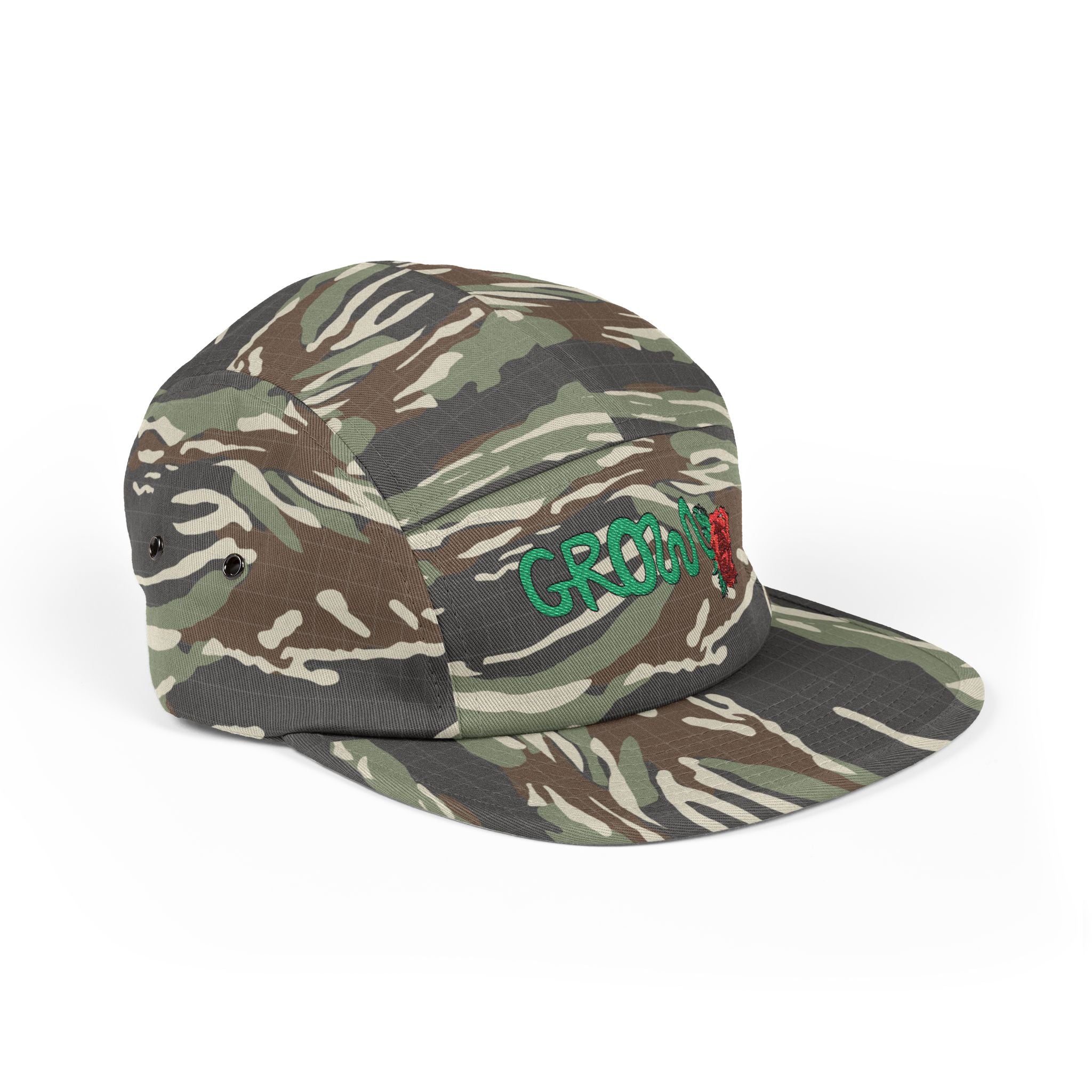 The Grow Clothing™ Embroidered 5 Panel Cap – Grows ICON  Design with rose on the back.
