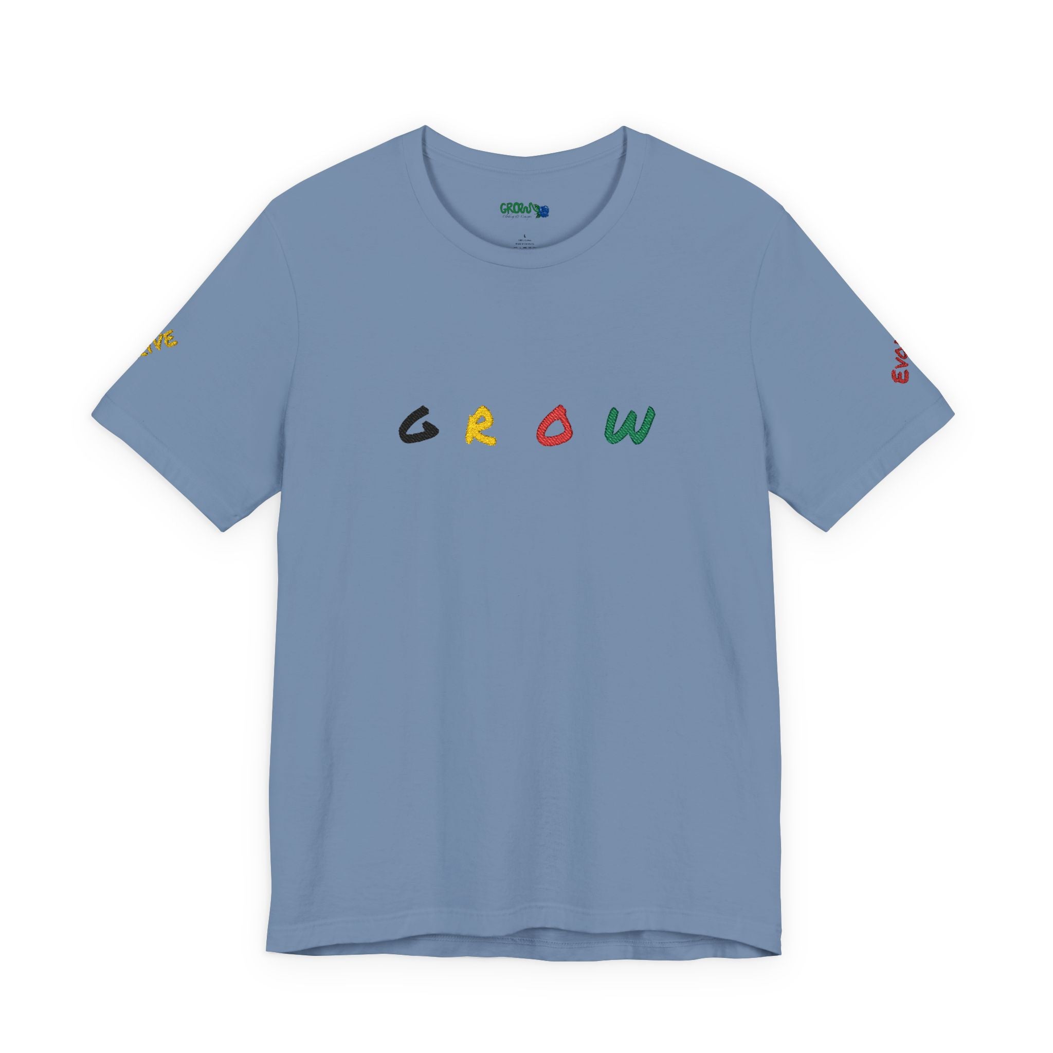 Grow Unisex embroidered Jersey Tee, positive streetwear, Evolve & Thrive on Sleeves