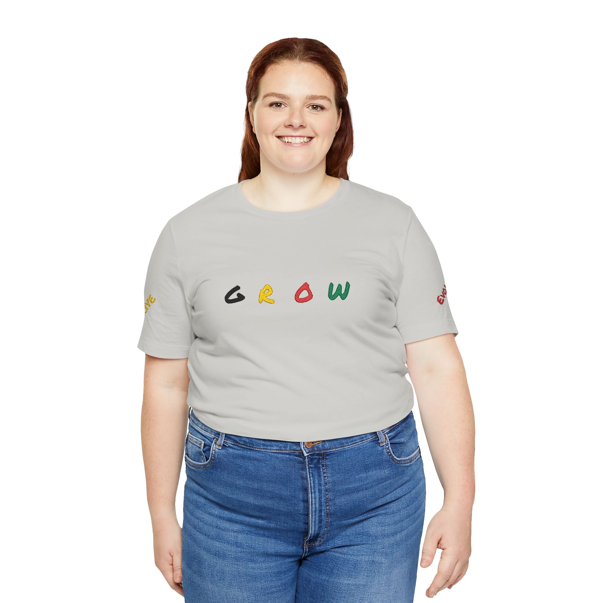 Grow Unisex embroidered Jersey Tee, positive streetwear, Evolve & Thrive on Sleeves