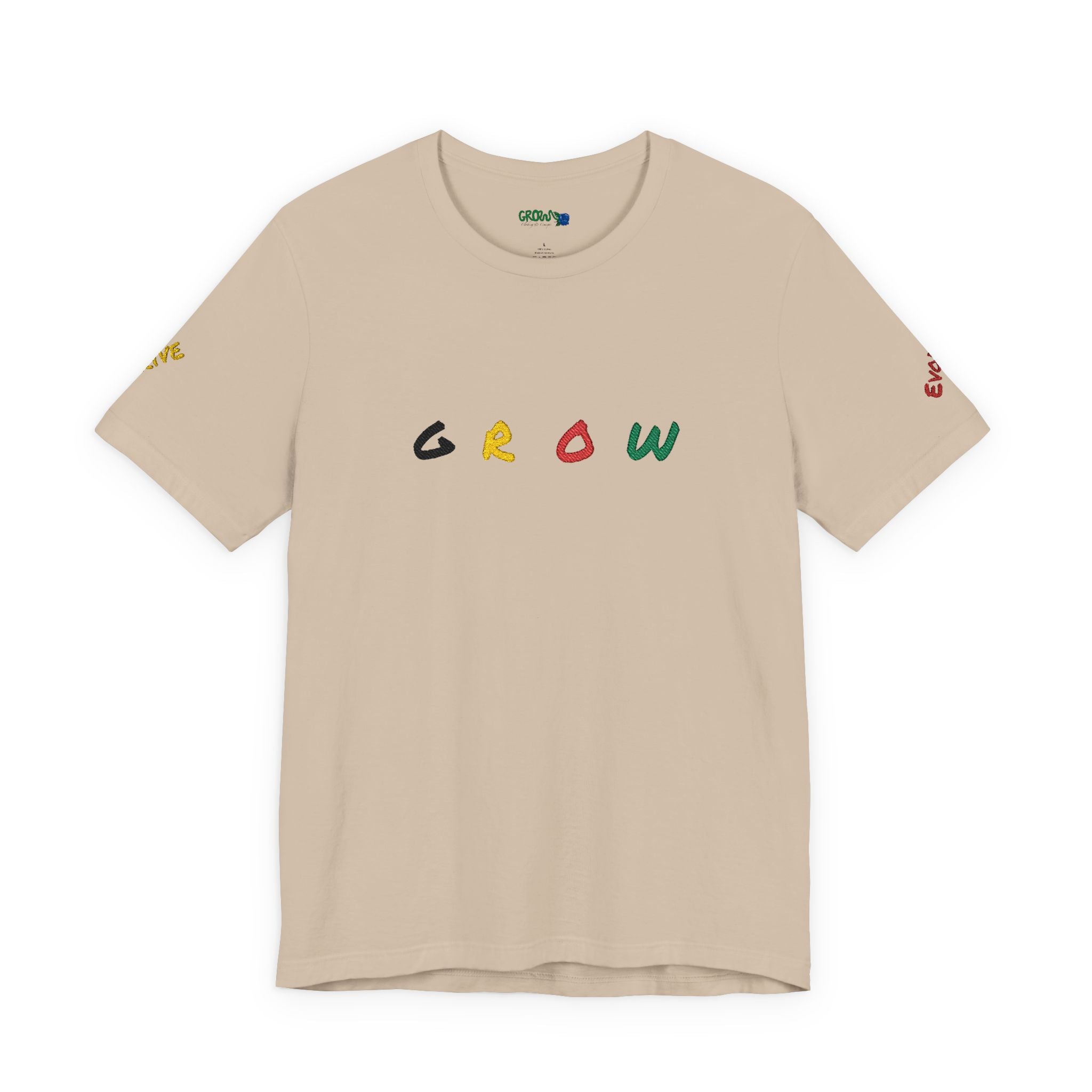 Grow Unisex embroidered Jersey Tee, positive streetwear, Evolve & Thrive on Sleeves