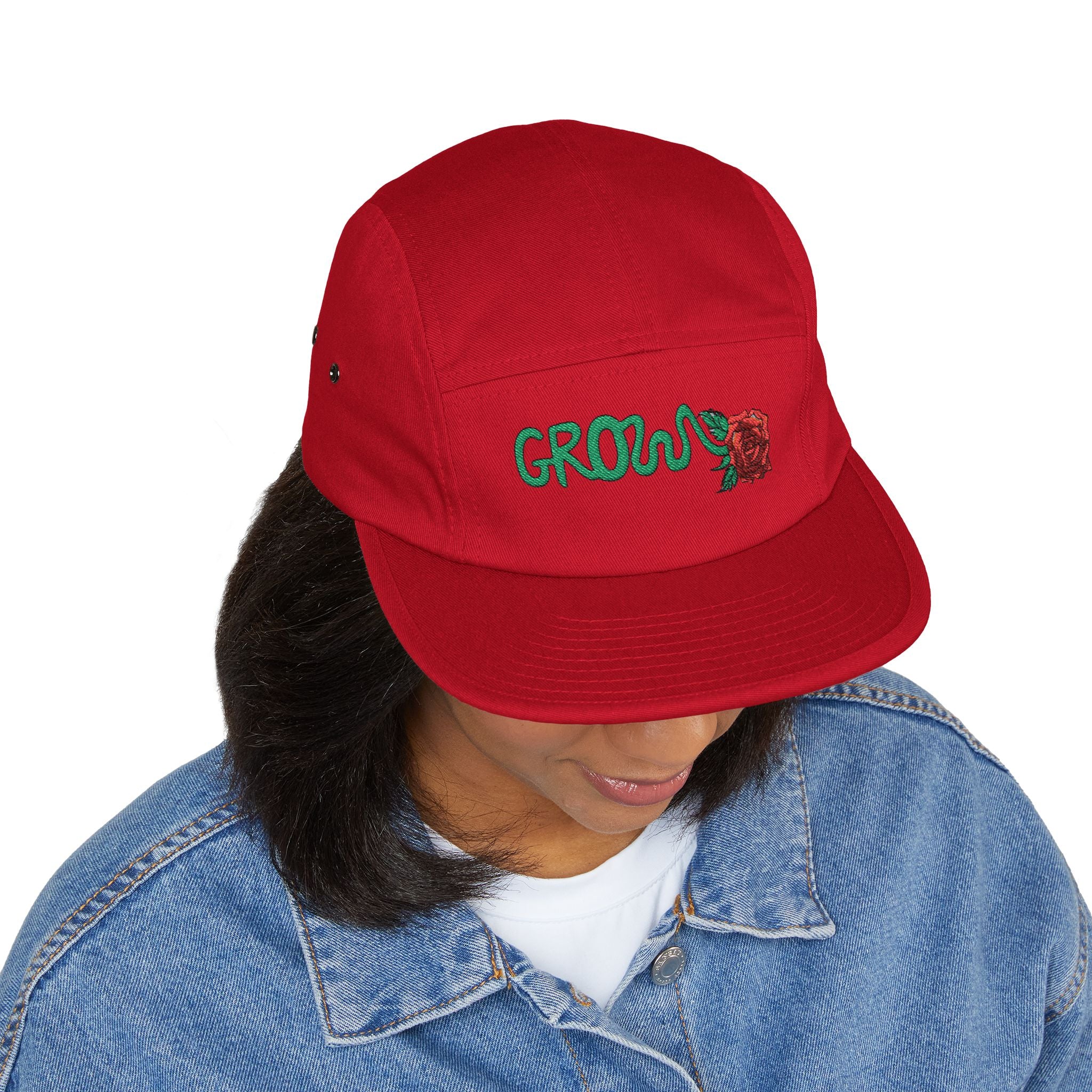 The Grow Clothing™ Embroidered 5 Panel Cap – Grows ICON  Design with rose on the back.
