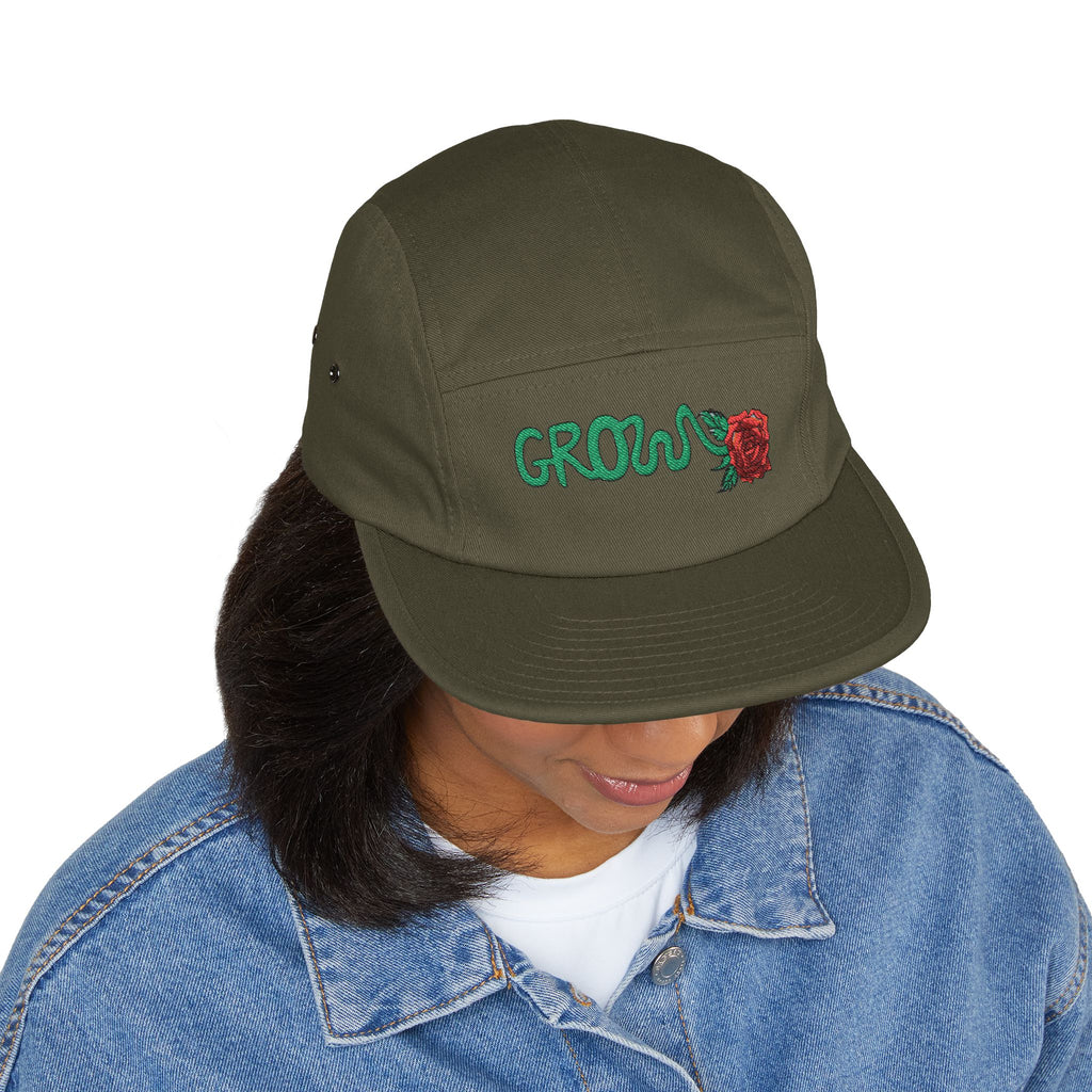 The Grow Clothing™ Embroidered 5 Panel Cap – Grows ICON  Design with rose on the back.