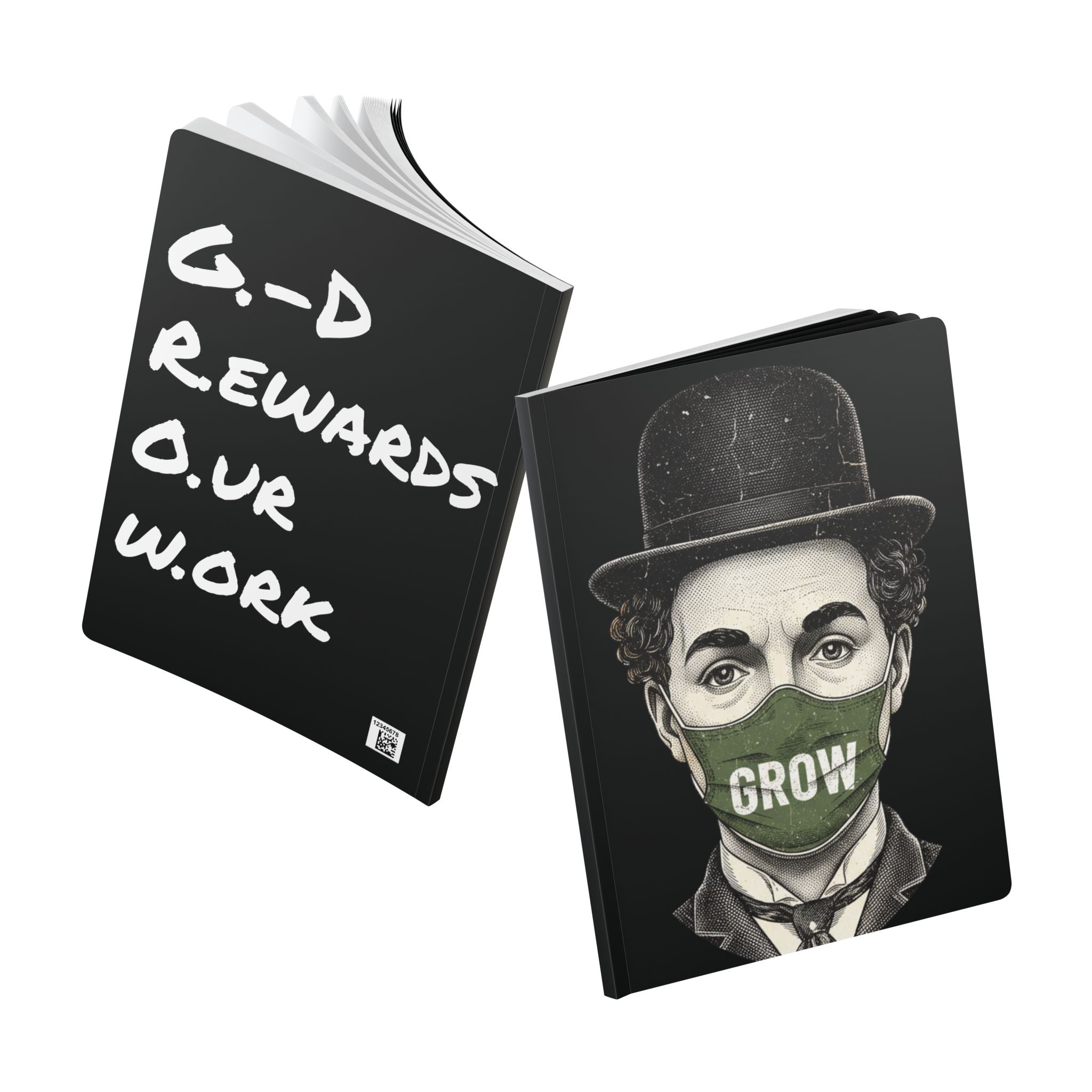 The Grow Clothing™  Journal — Vintage Chaplin Portrait with 'GROW' Mask | Inspirational Softcover Notebook & Journal