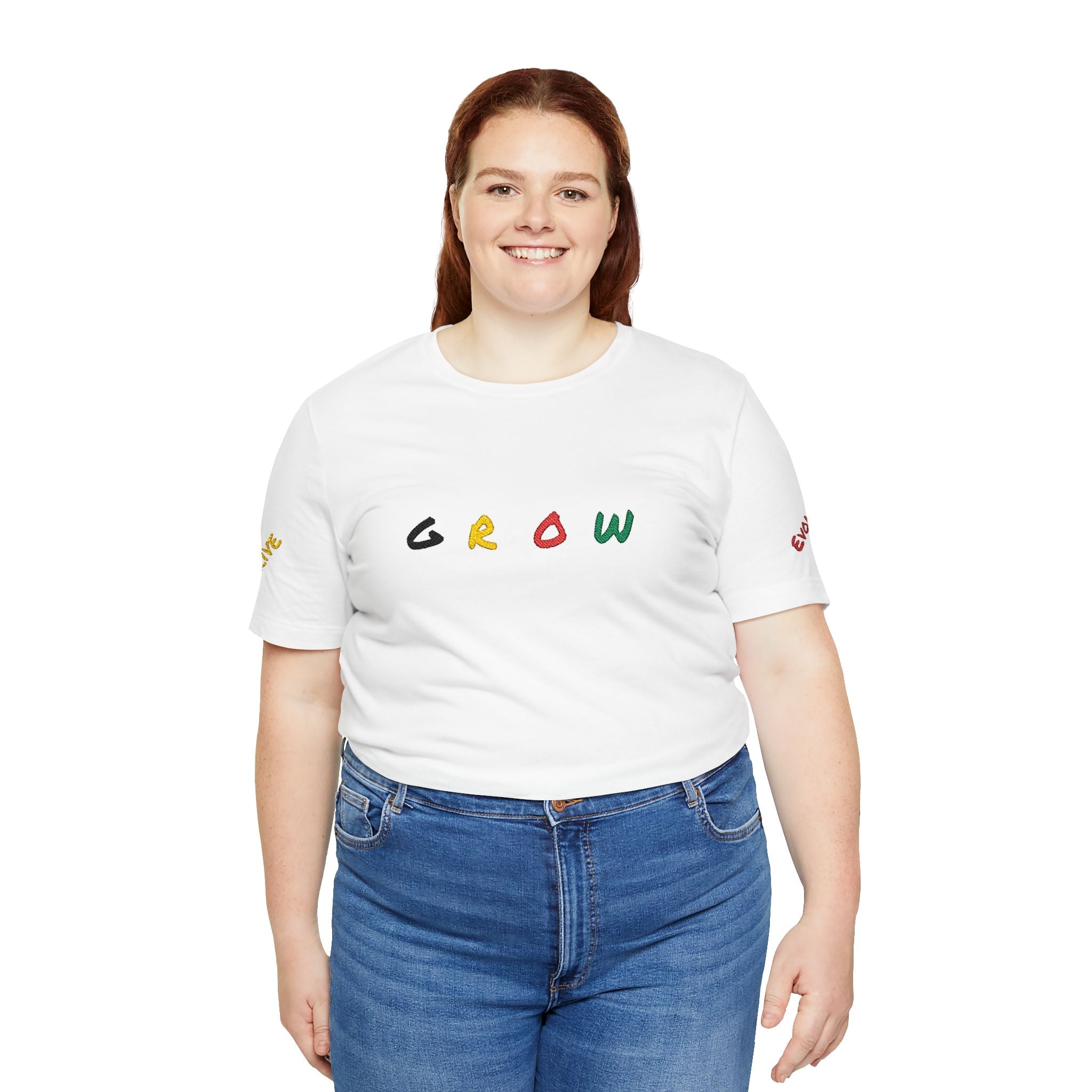 Grow Unisex embroidered Jersey Tee, positive streetwear, Evolve & Thrive on Sleeves