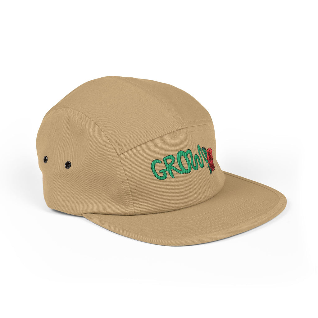 The Grow Clothing™ Embroidered 5 Panel Cap – Grows ICON  Design with rose on the back.