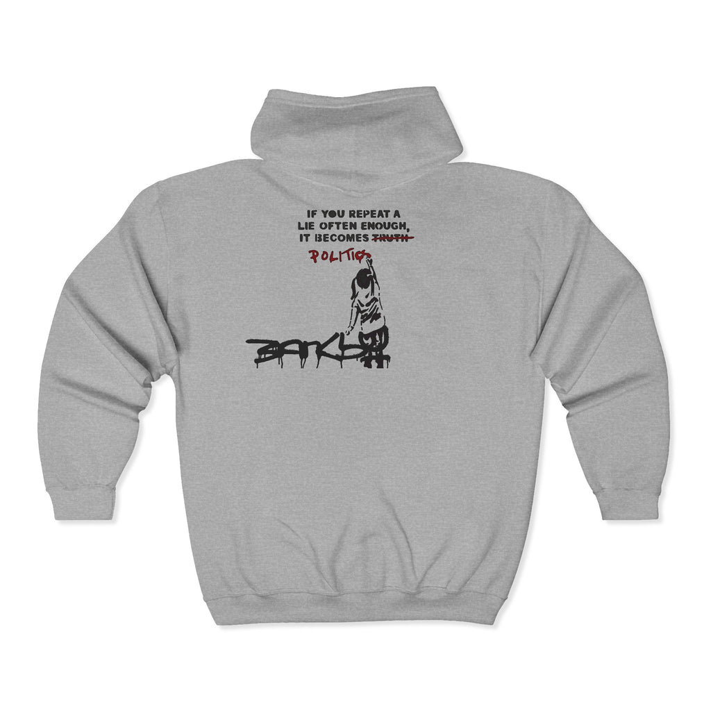 The Grow Clothing™ Unisex Zip-Up Sweatshirt Hoodie, Banksy 'politics lies' street art, , Streetwear, Quality Zip Up Hoodie with front & back Design