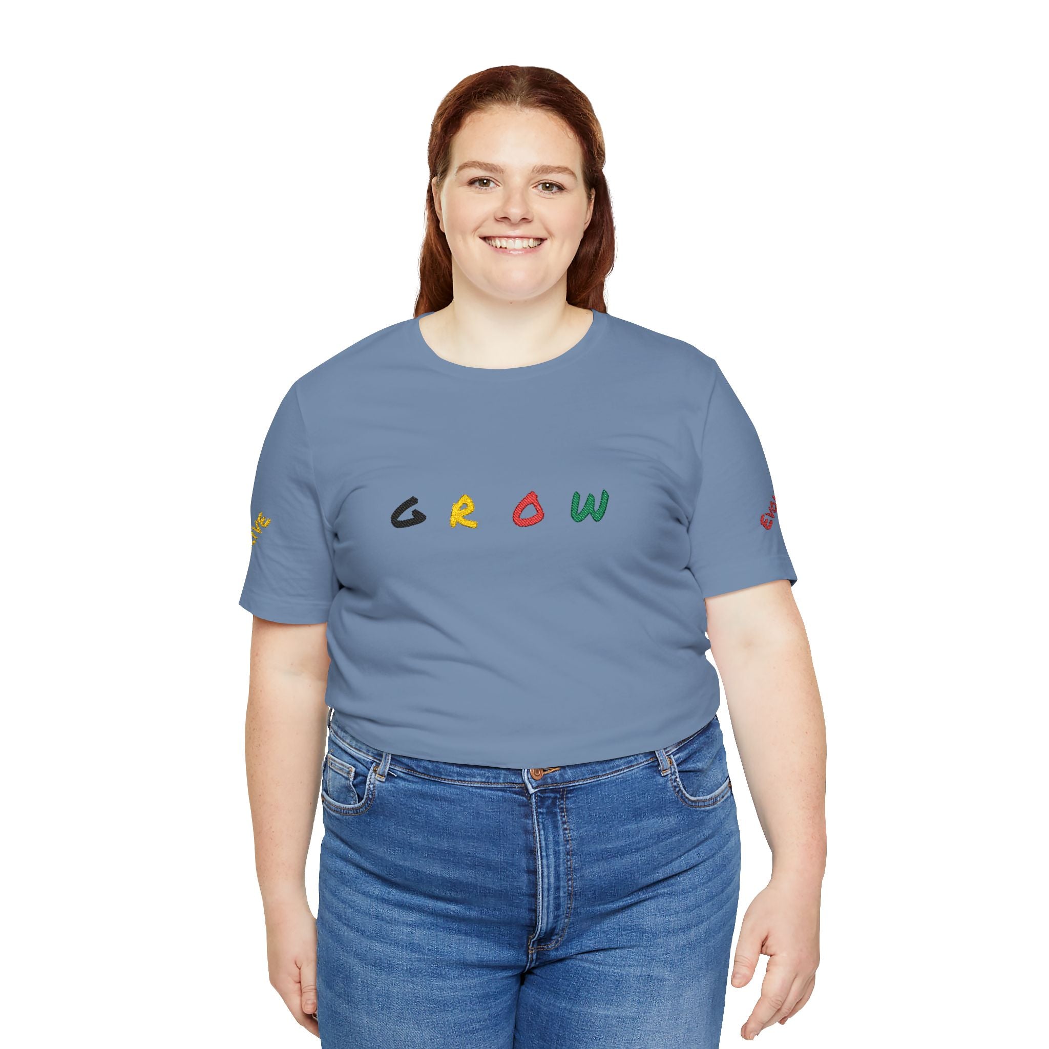 Grow Unisex embroidered Jersey Tee, positive streetwear, Evolve & Thrive on Sleeves