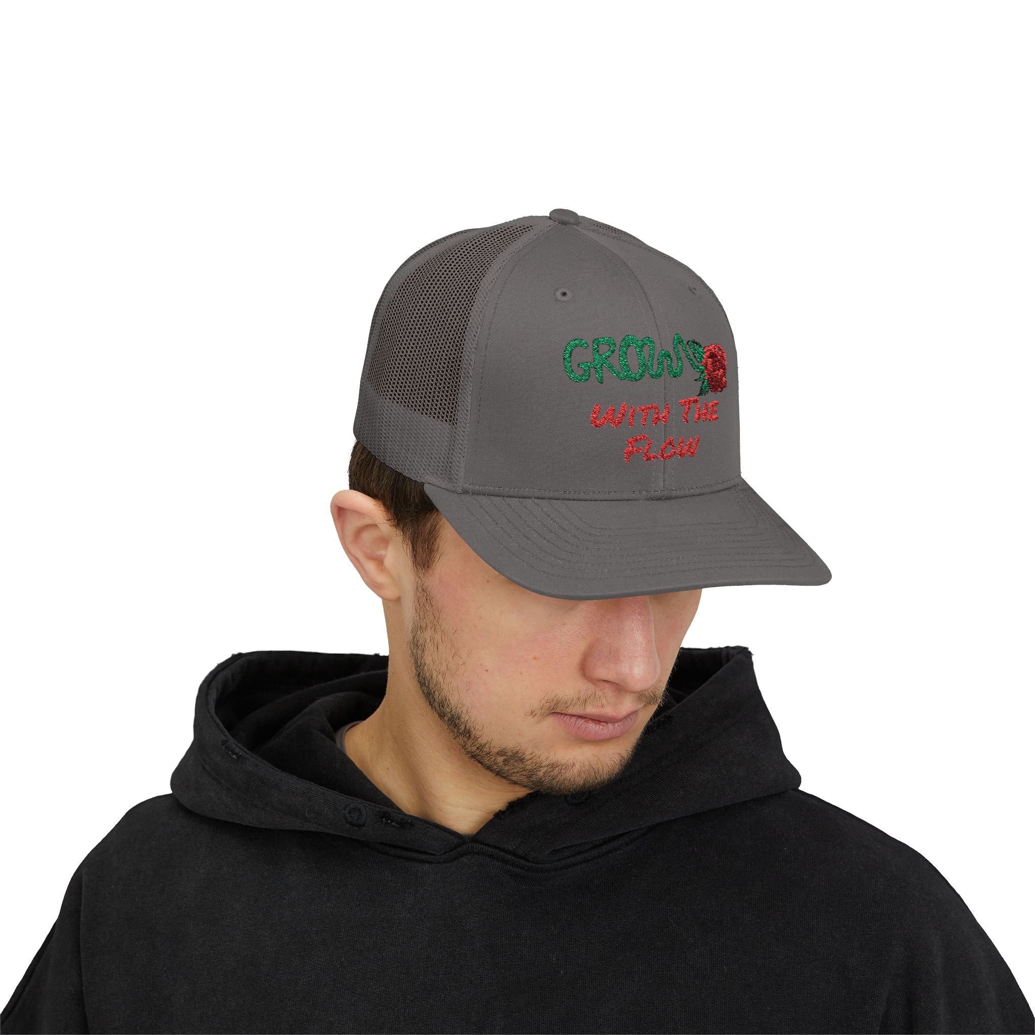 The Grow Clothing™ Embroidered 'Grow with the Flow' Snapback Cap | Mid-Profile Trucker Snapback Hat - Unisex, comfortable, affordable