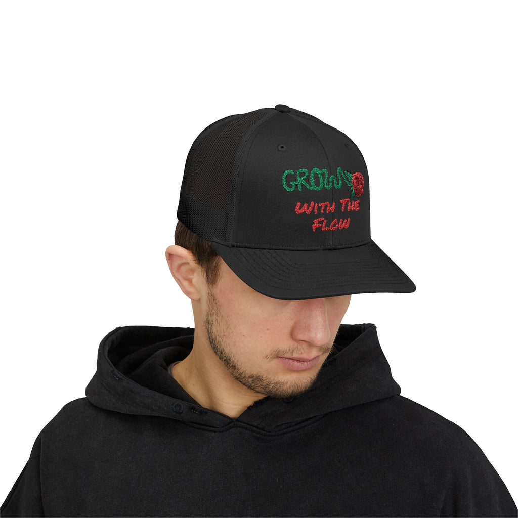 The Grow Clothing™ Embroidered 'Grow with the Flow' Snapback Cap | Mid-Profile Trucker Snapback Hat - Unisex, comfortable, affordable