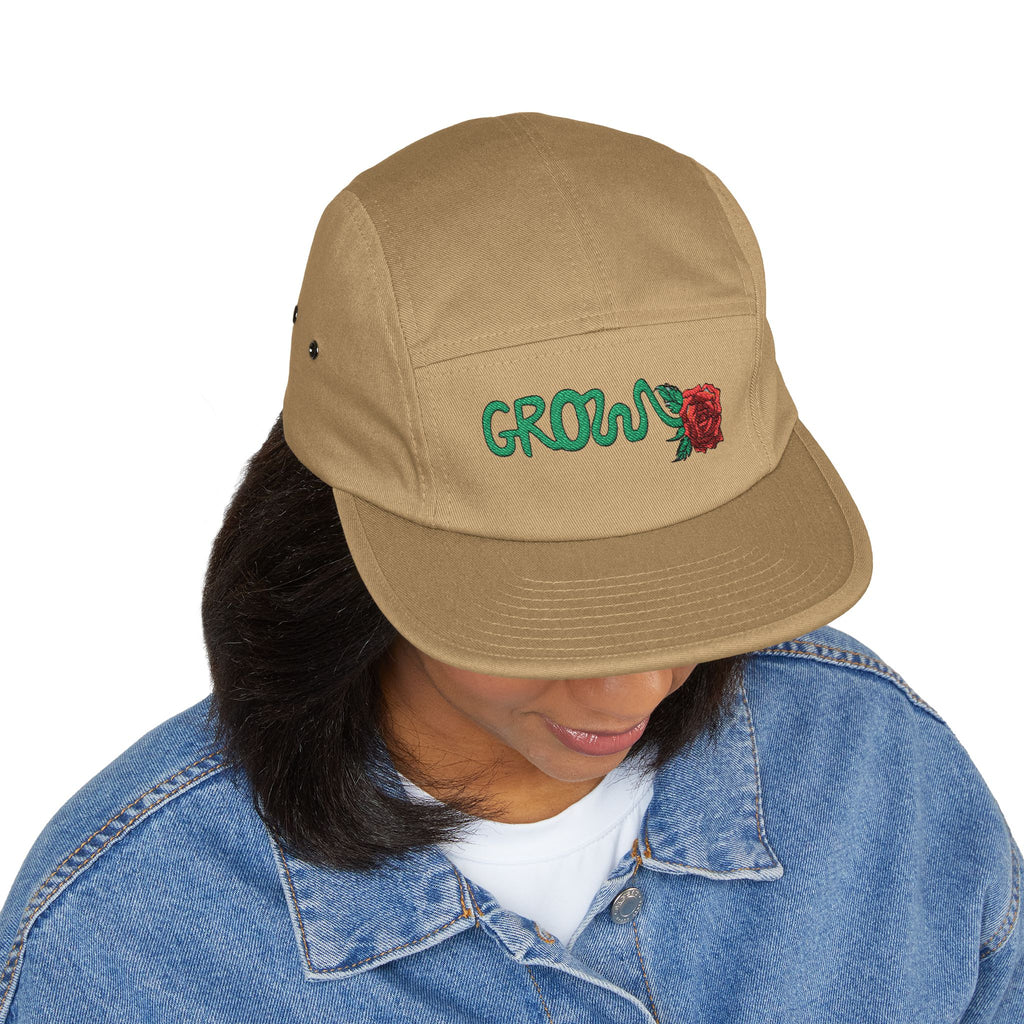 The Grow Clothing™ Embroidered 5 Panel Cap – Grows ICON  Design with rose on the back.