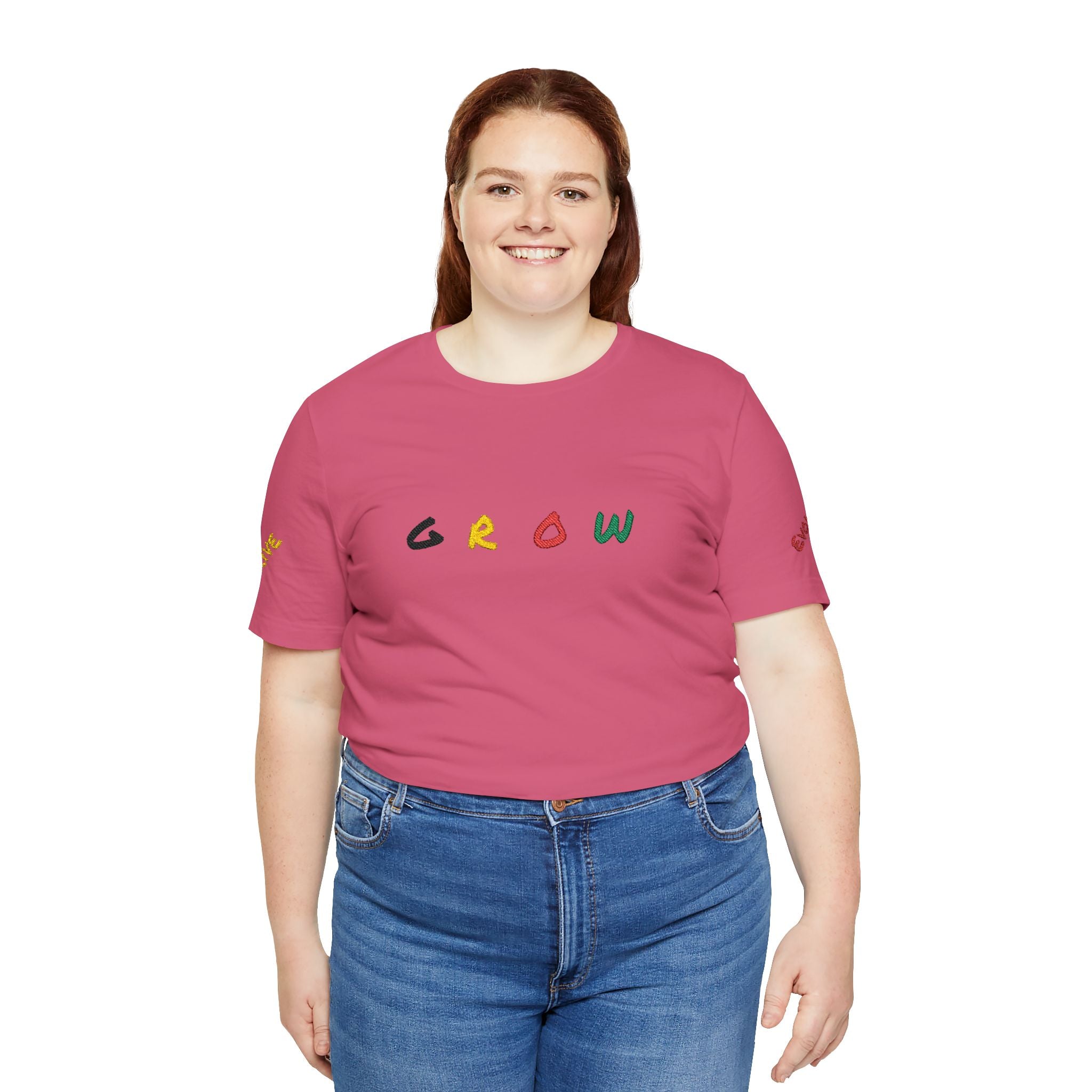 Grow Unisex embroidered Jersey Tee, positive streetwear, Evolve & Thrive on Sleeves