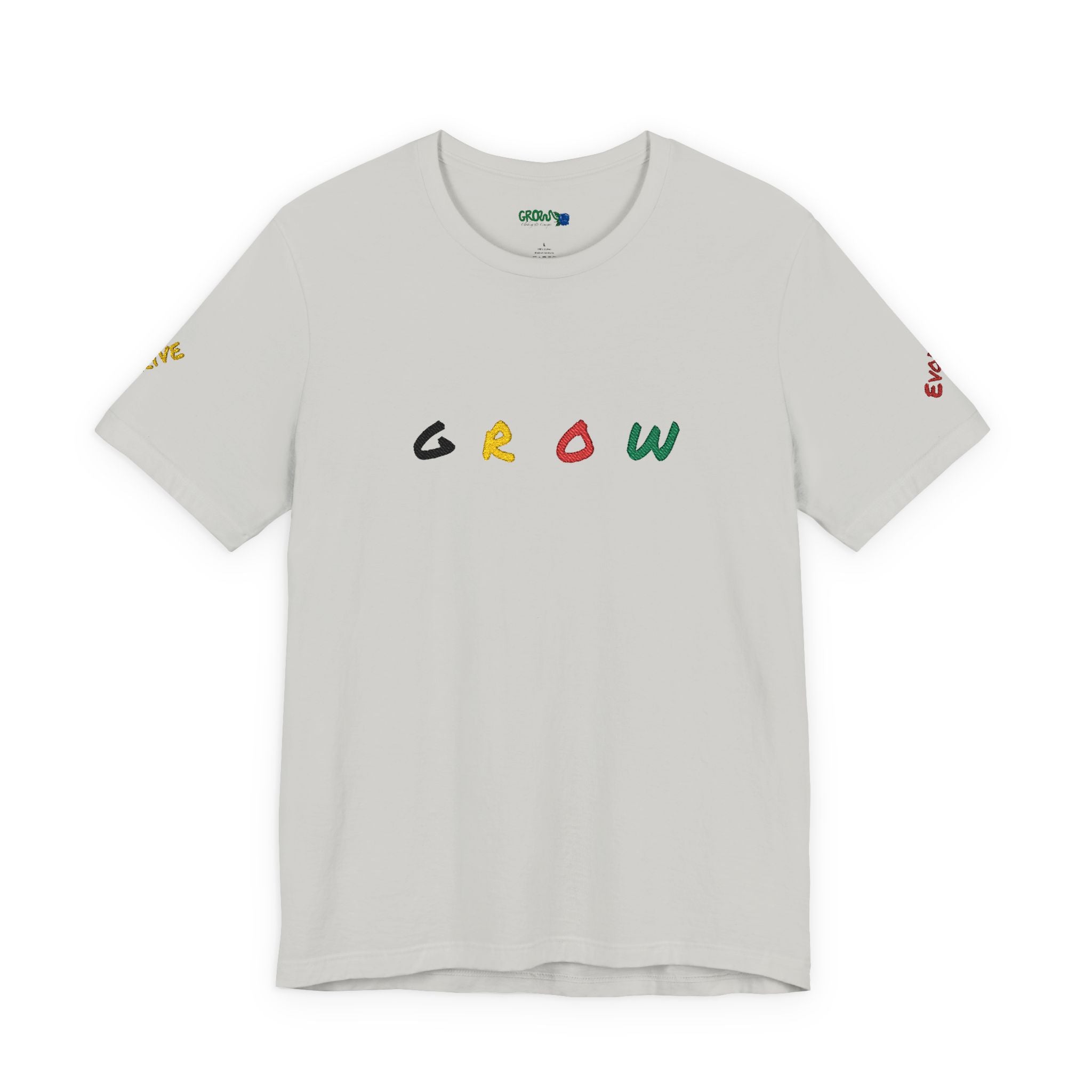 Grow Unisex embroidered Jersey Tee, positive streetwear, Evolve & Thrive on Sleeves