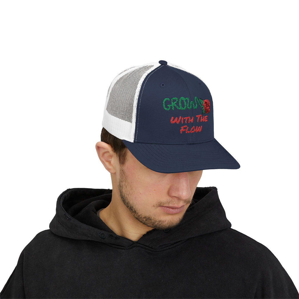 The Grow Clothing™ Embroidered 'Grow with the Flow' Snapback Cap | Mid-Profile Trucker Snapback Hat - Unisex, comfortable, affordable