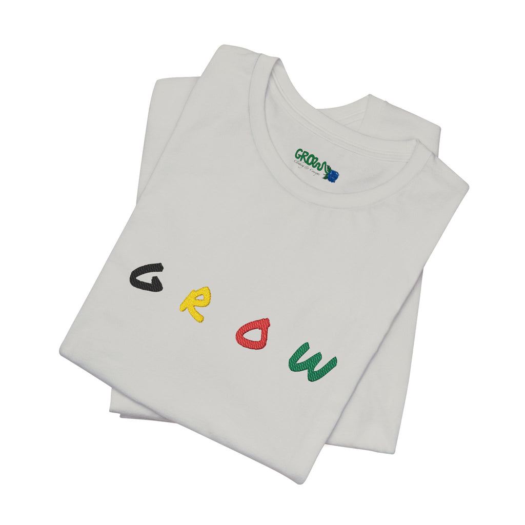 Grow Unisex embroidered Jersey Tee, positive streetwear, Evolve & Thrive on Sleeves