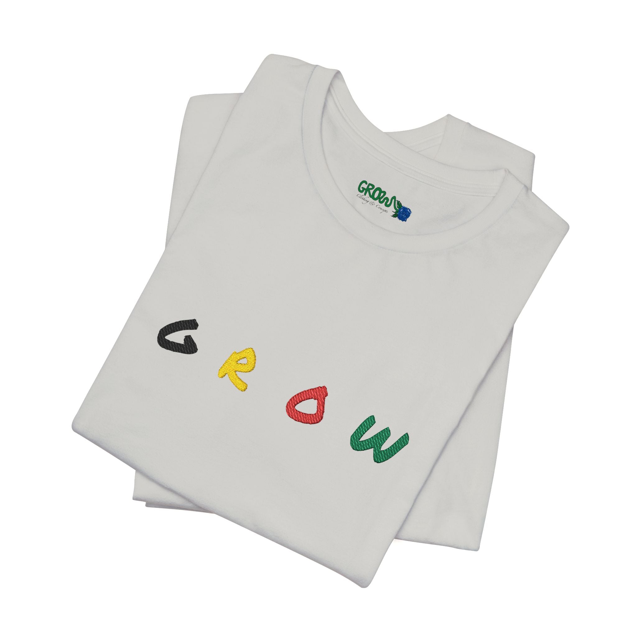 Grow Unisex embroidered Jersey Tee, positive streetwear, Evolve & Thrive on Sleeves