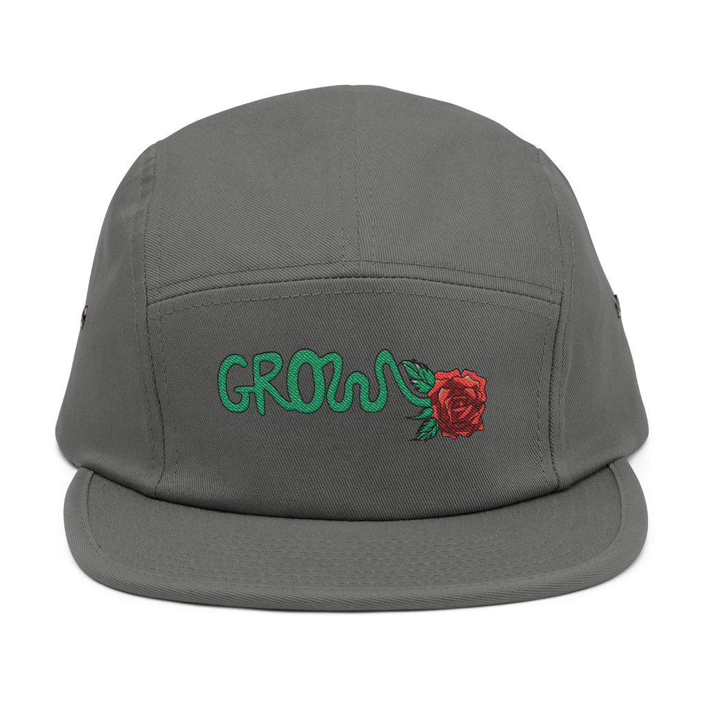 The Grow Clothing™ Embroidered 5 Panel Cap – Grows ICON  Design with rose on the back.
