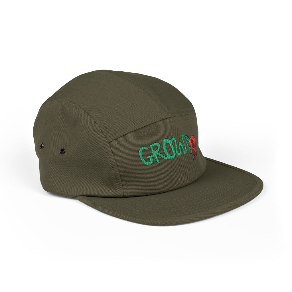 The Grow Clothing™ Embroidered 5 Panel Cap – Grows ICON  Design with rose on the back.