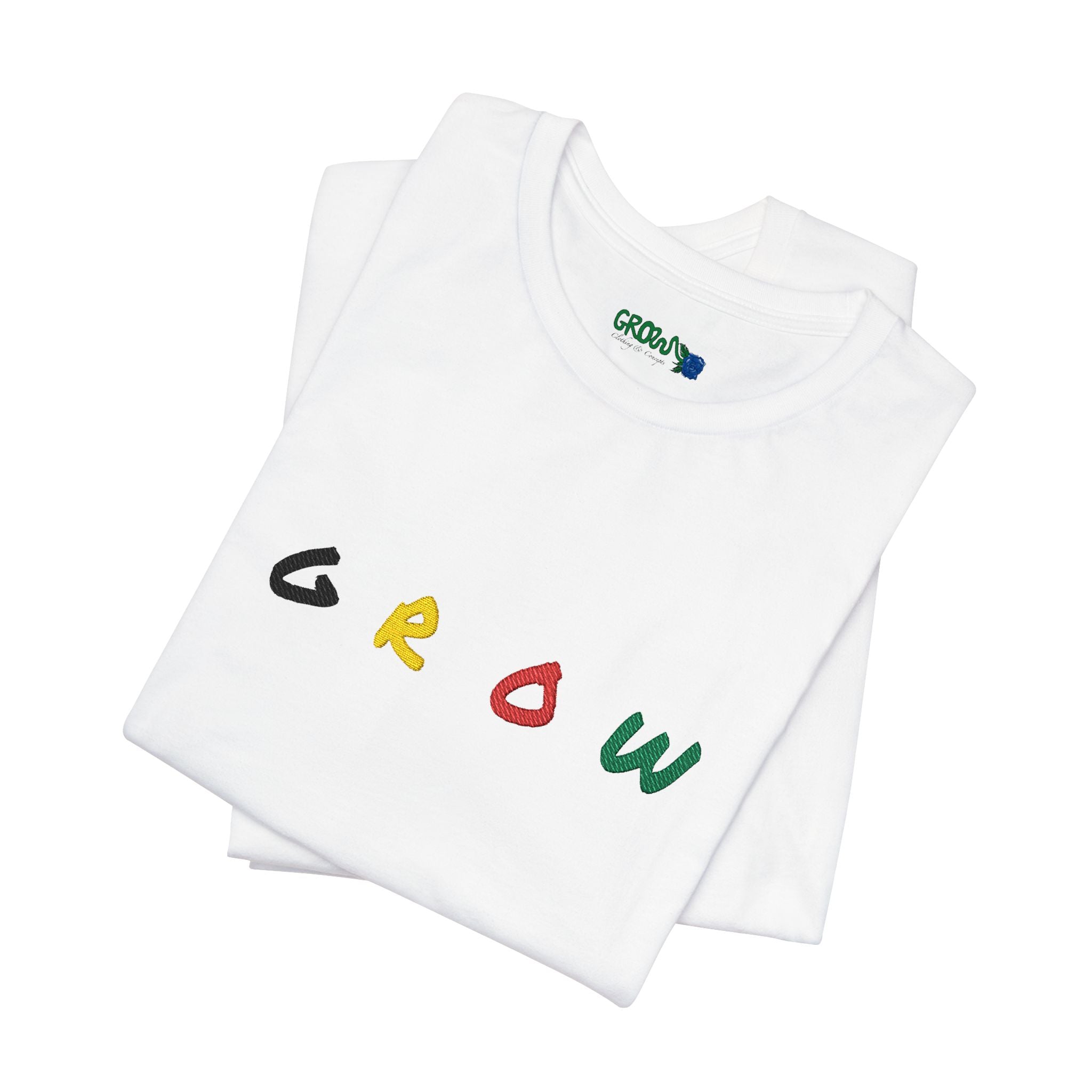 Grow Unisex embroidered Jersey Tee, positive streetwear, Evolve & Thrive on Sleeves