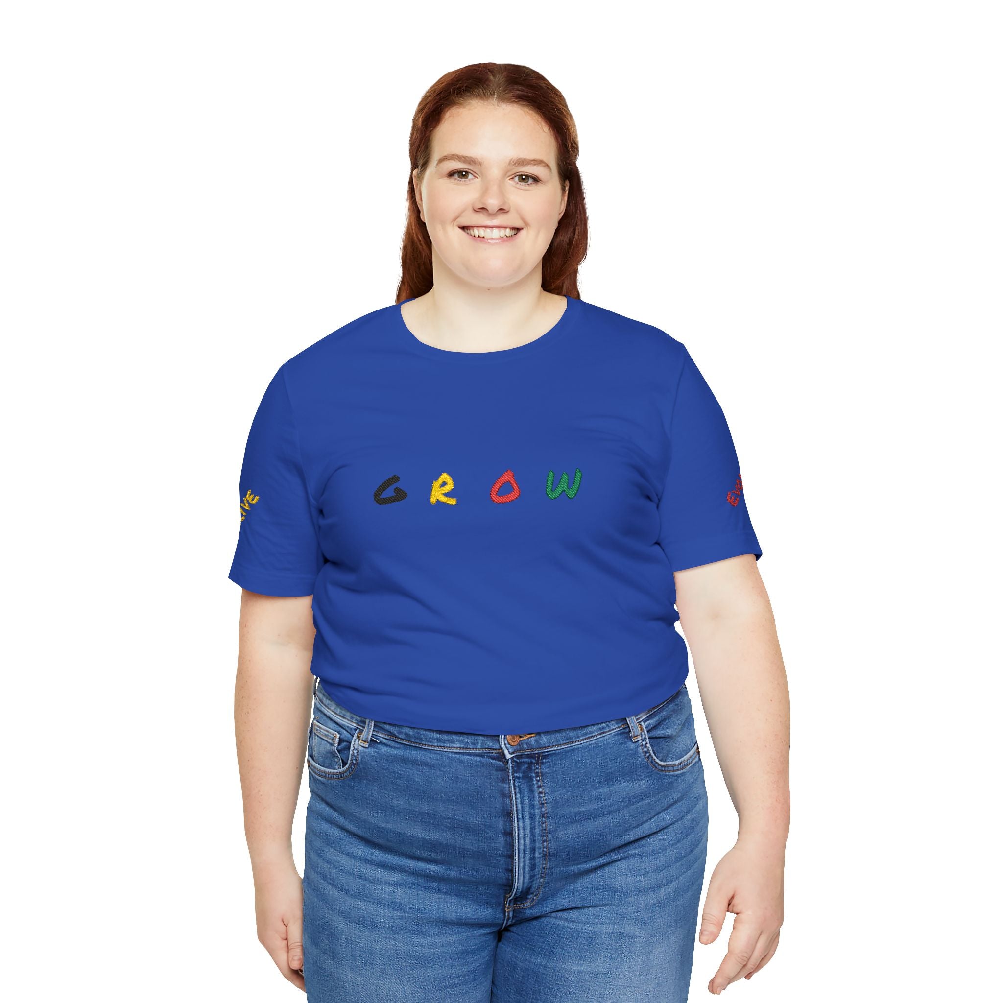 Grow Unisex embroidered Jersey Tee, positive streetwear, Evolve & Thrive on Sleeves