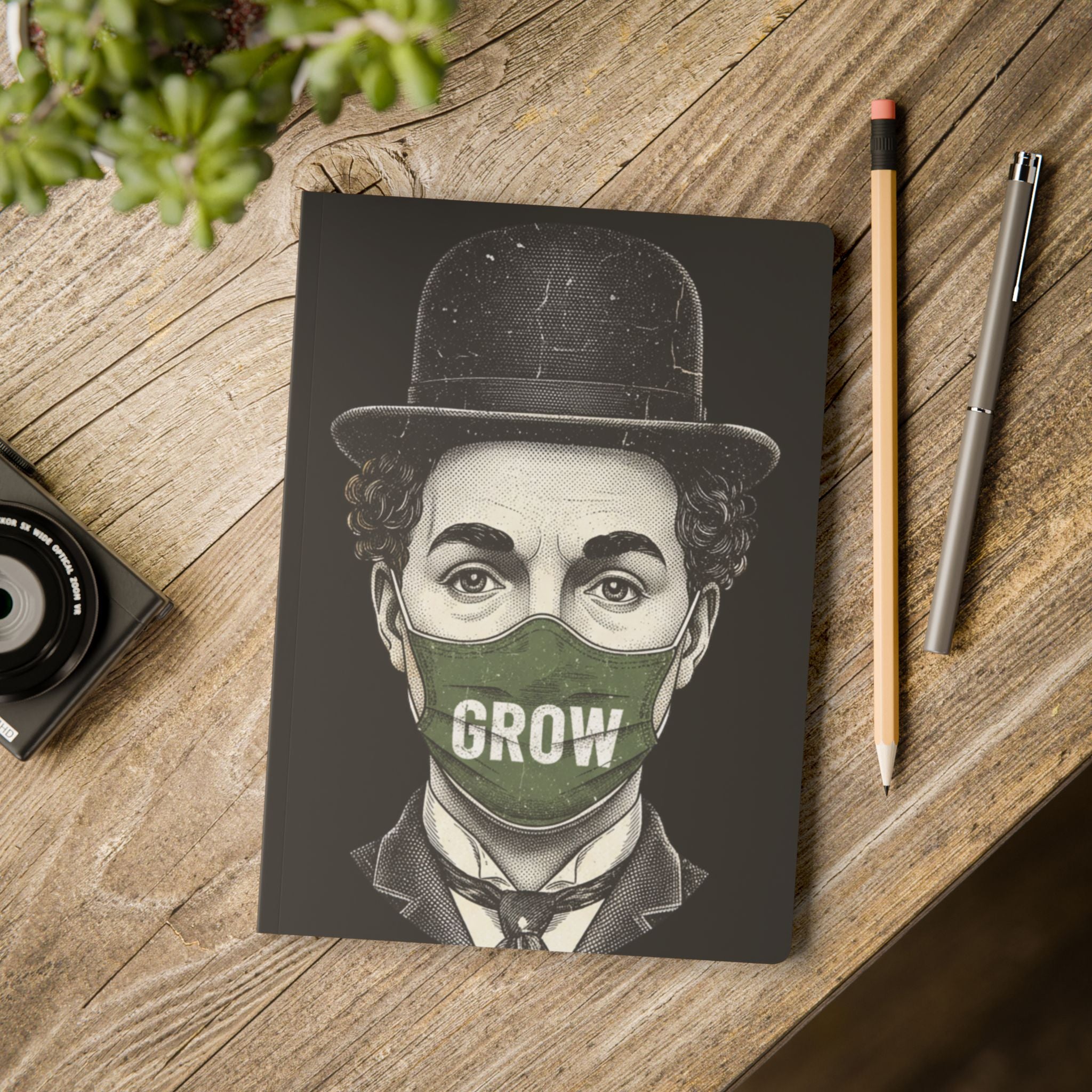 The Grow Clothing™  Journal — Vintage Chaplin Portrait with 'GROW' Mask | Inspirational Softcover Notebook & Journal