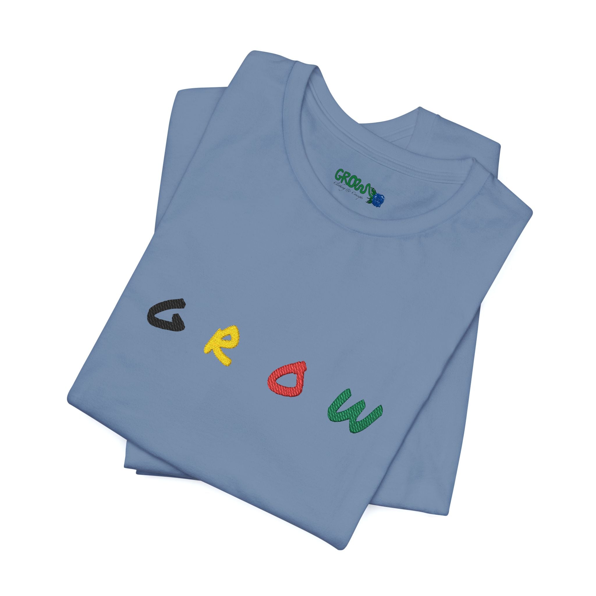 Grow Unisex embroidered Jersey Tee, positive streetwear, Evolve & Thrive on Sleeves