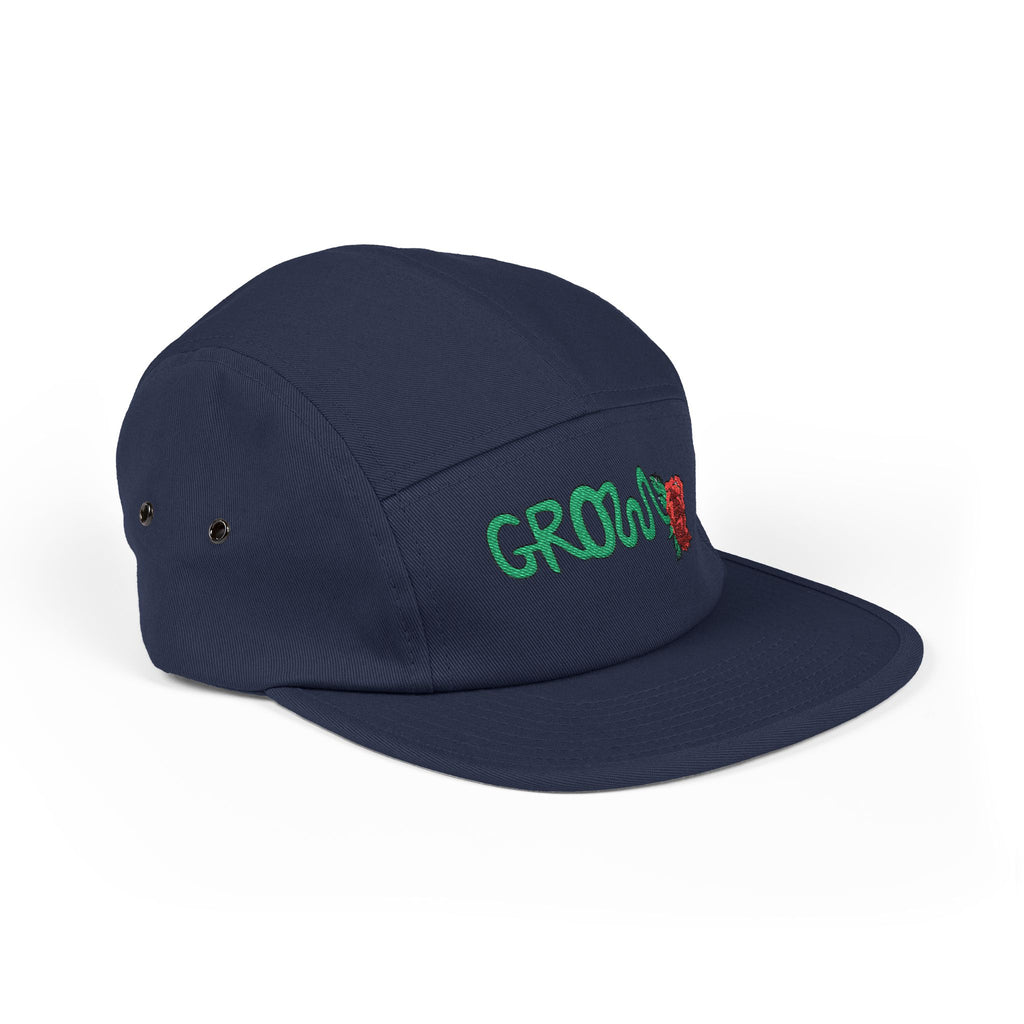 The Grow Clothing™ Embroidered 5 Panel Cap – Grows ICON  Design with rose on the back.