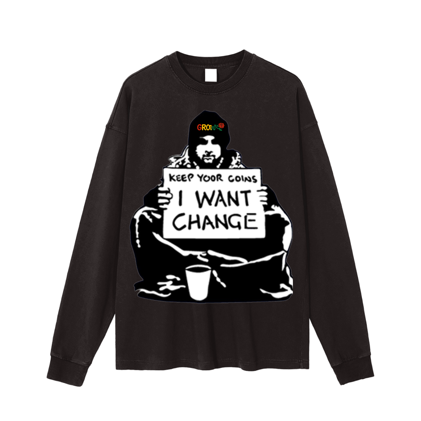Grow Clothing™ Vintage Washed Premium Long Sleeve T-Shirt - Excellent Quality (top of the line) - Original GROW design on Back - Banksy design on Front