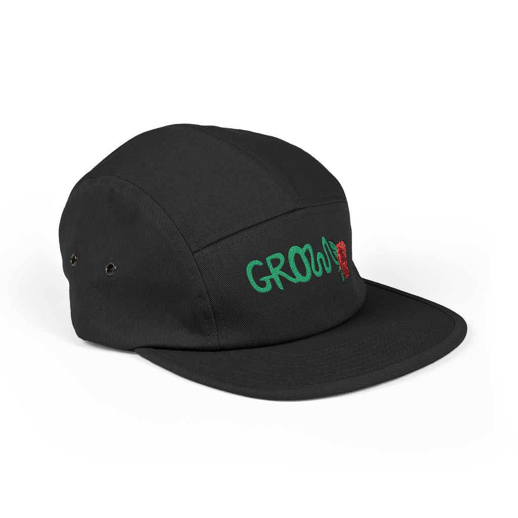 The Grow Clothing™ Embroidered 5 Panel Cap – Grows ICON  Design with rose on the back.