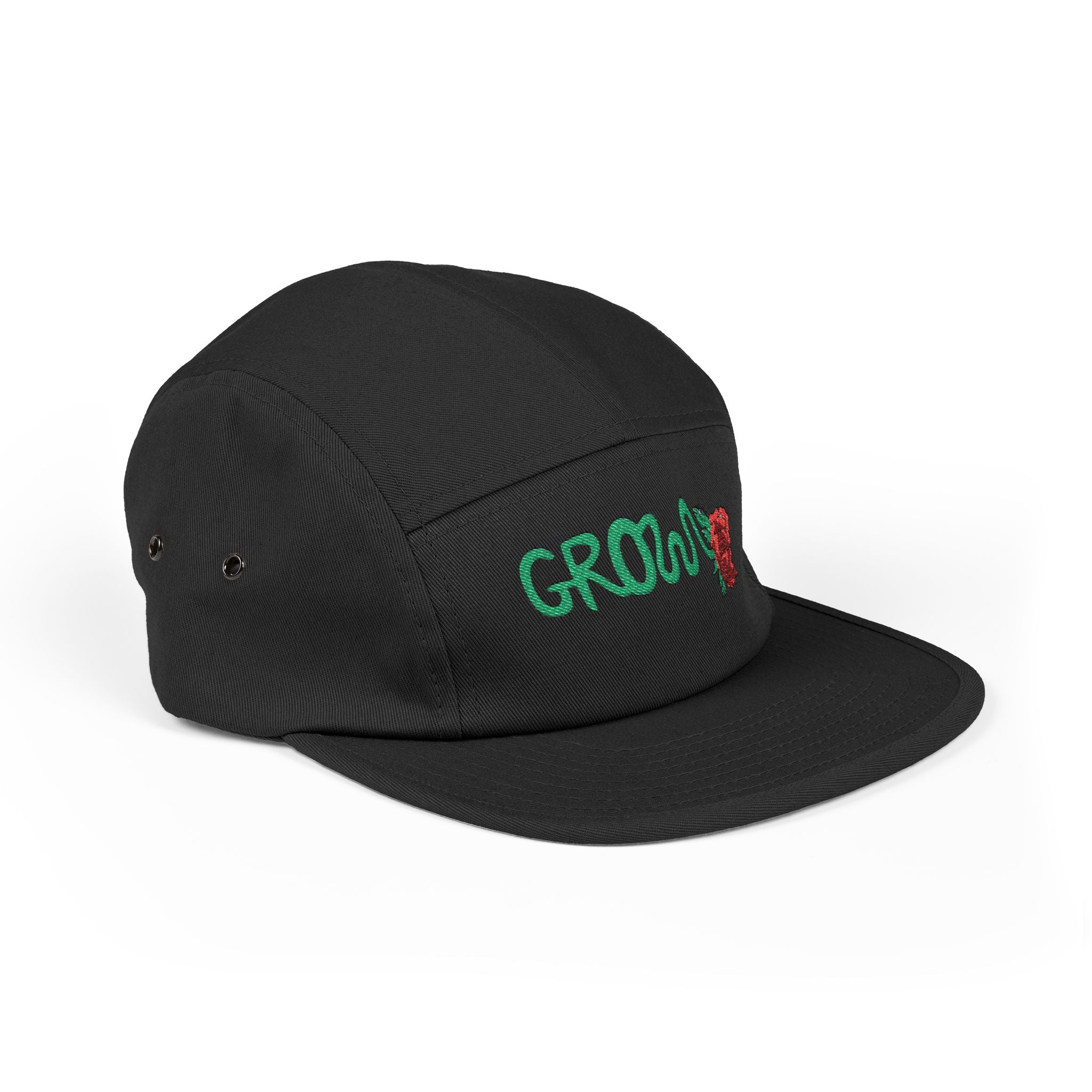 The Grow Clothing™ Embroidered 5 Panel Cap – Grows ICON  Design with rose on the back.