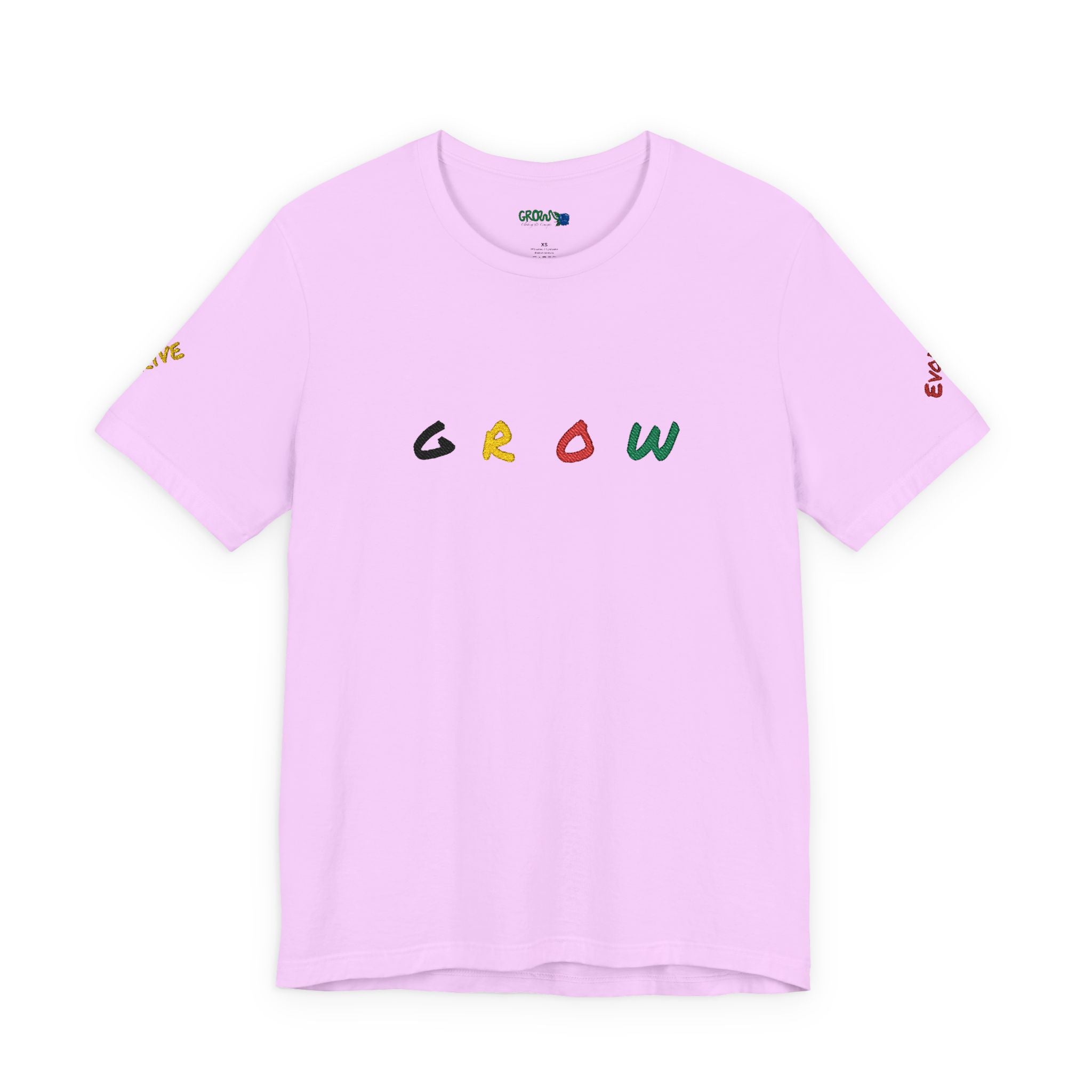 Grow Unisex embroidered Jersey Tee, positive streetwear, Evolve & Thrive on Sleeves