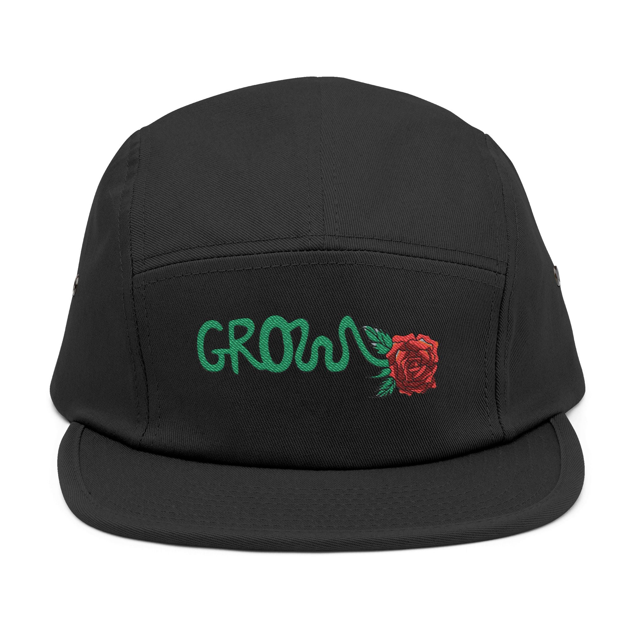 The Grow Clothing™ Embroidered 5 Panel Cap – Grows ICON  Design with rose on the back.