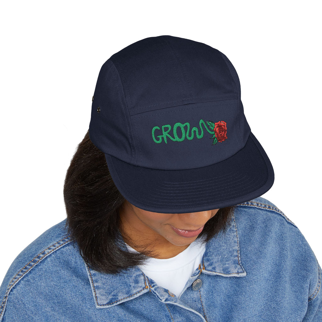 The Grow Clothing™ Embroidered 5 Panel Cap – Grows ICON  Design with rose on the back.