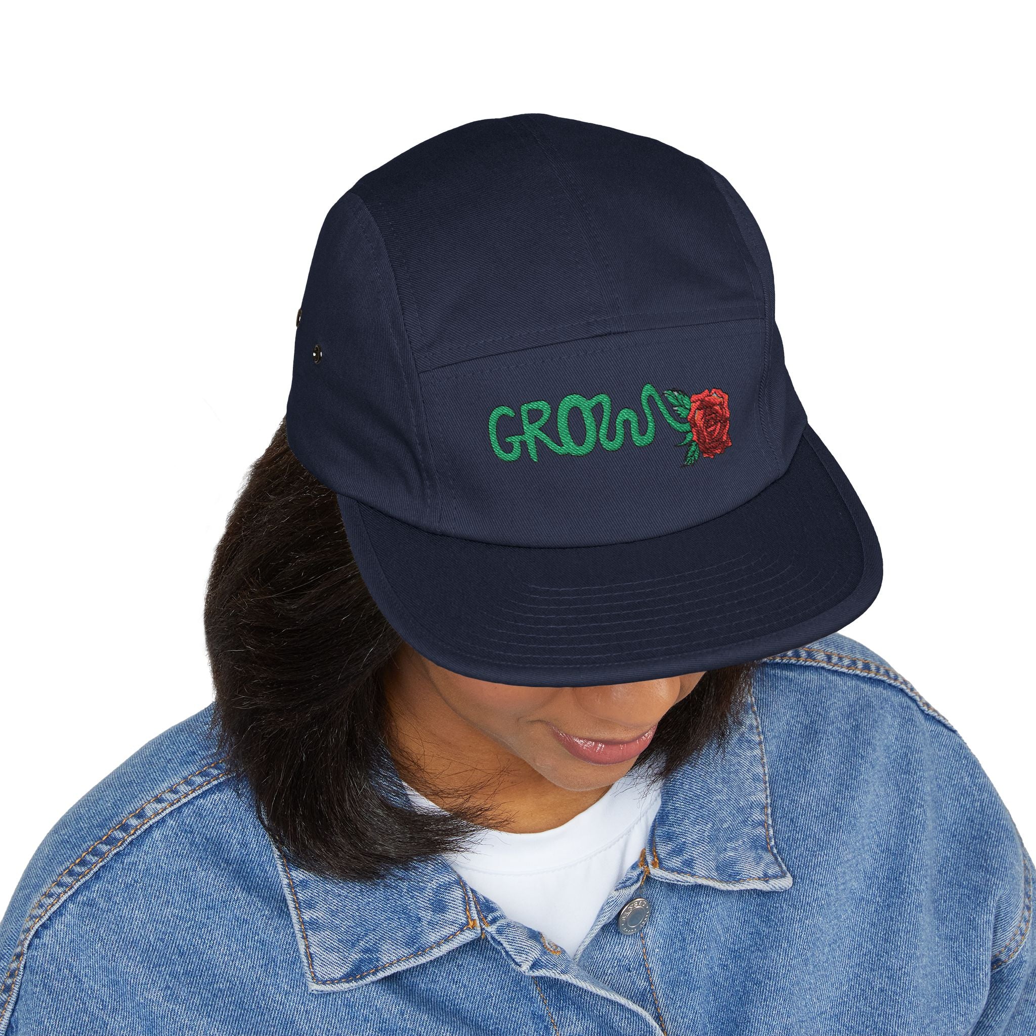 The Grow Clothing™ Embroidered 5 Panel Cap – Grows ICON  Design with rose on the back.