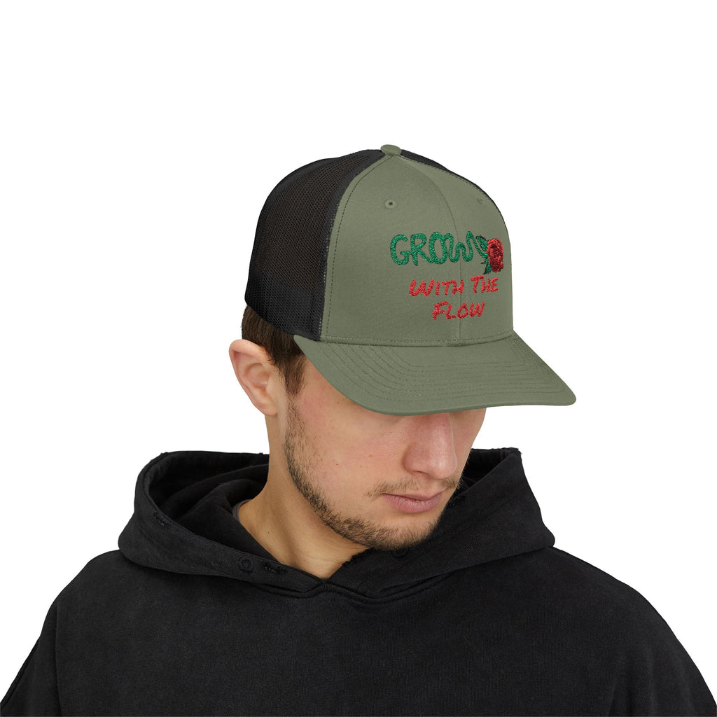 The Grow Clothing™ Embroidered 'Grow with the Flow' Snapback Cap | Mid-Profile Trucker Snapback Hat - Unisex, comfortable, affordable
