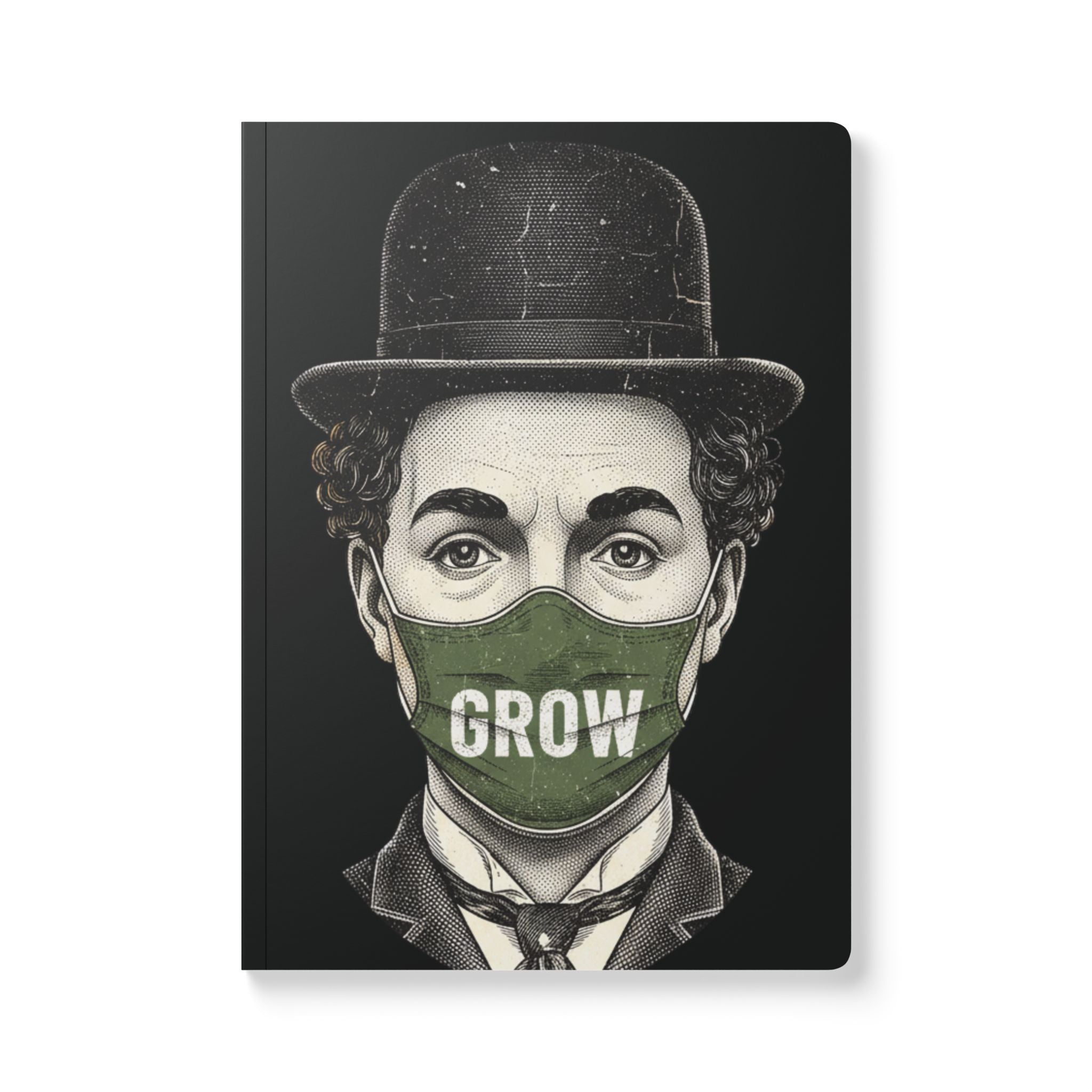 The Grow Clothing™  Journal — Vintage Chaplin Portrait with 'GROW' Mask | Inspirational Softcover Notebook & Journal