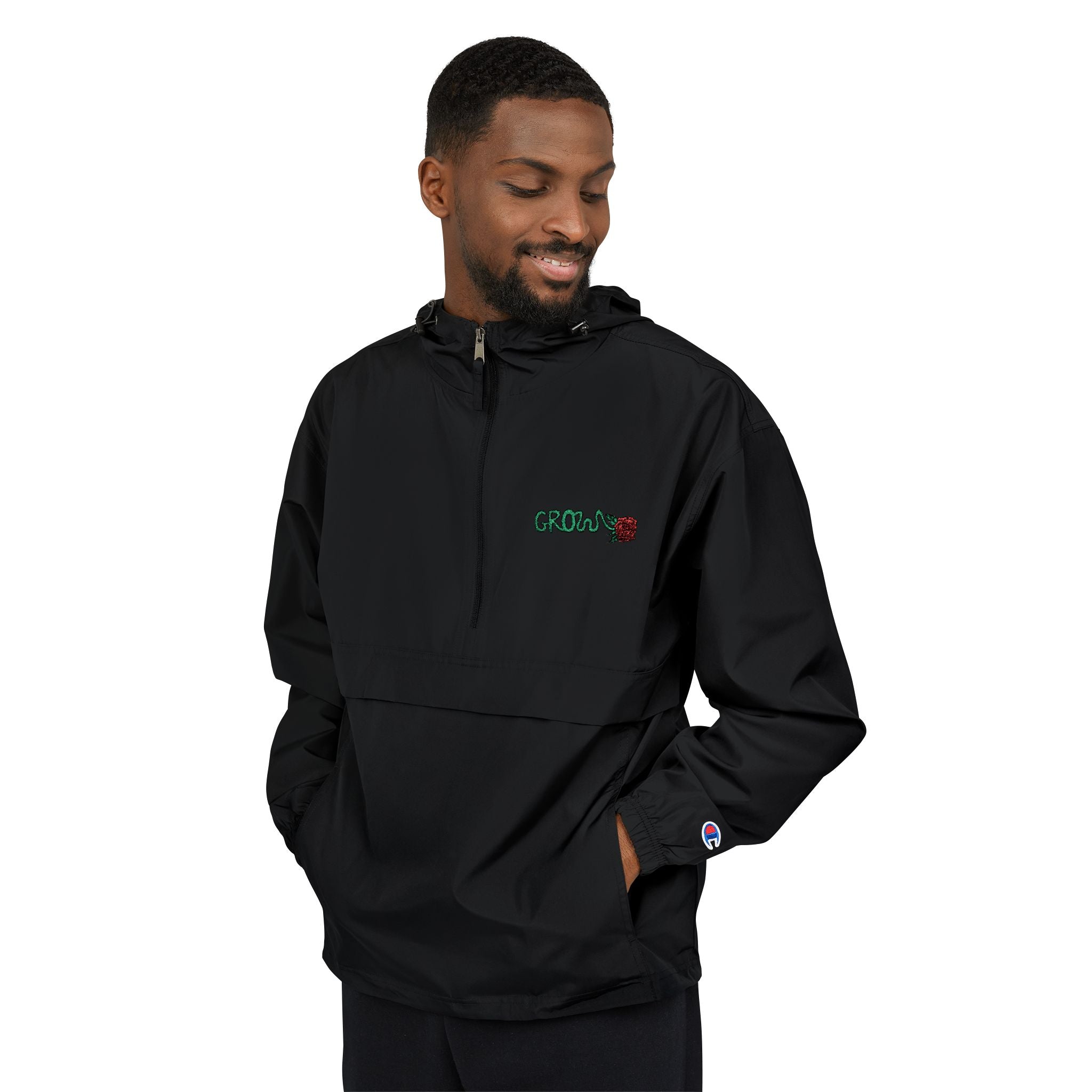 The Grow Clothing™  Champion Packable Anorak Jacket — Chest Logo Outdoor Windbreaker - Stay in style in the for rain/snow/wind