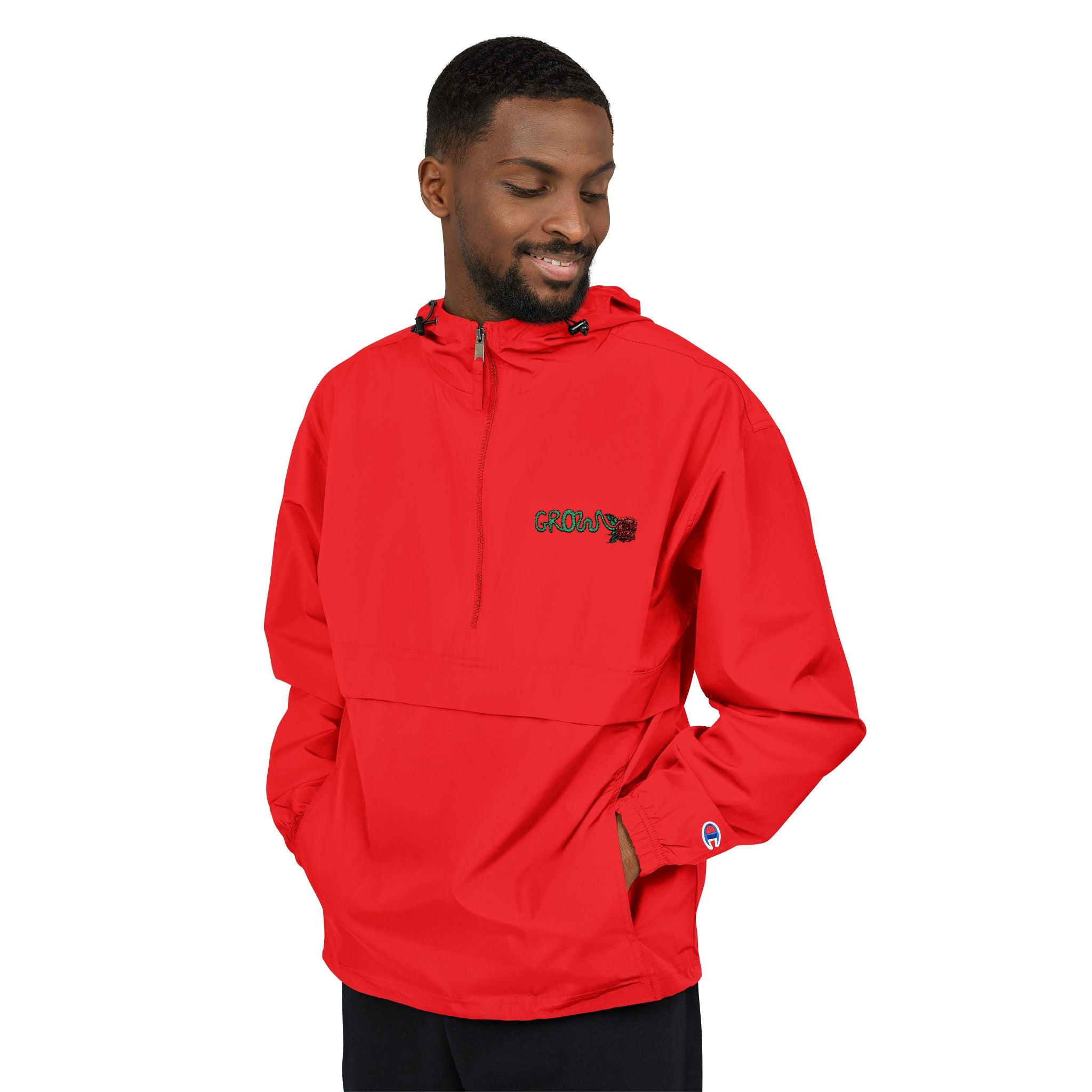 The Grow Clothing™  Champion Packable Anorak Jacket — Chest Logo Outdoor Windbreaker - Stay in style in the for rain/snow/wind