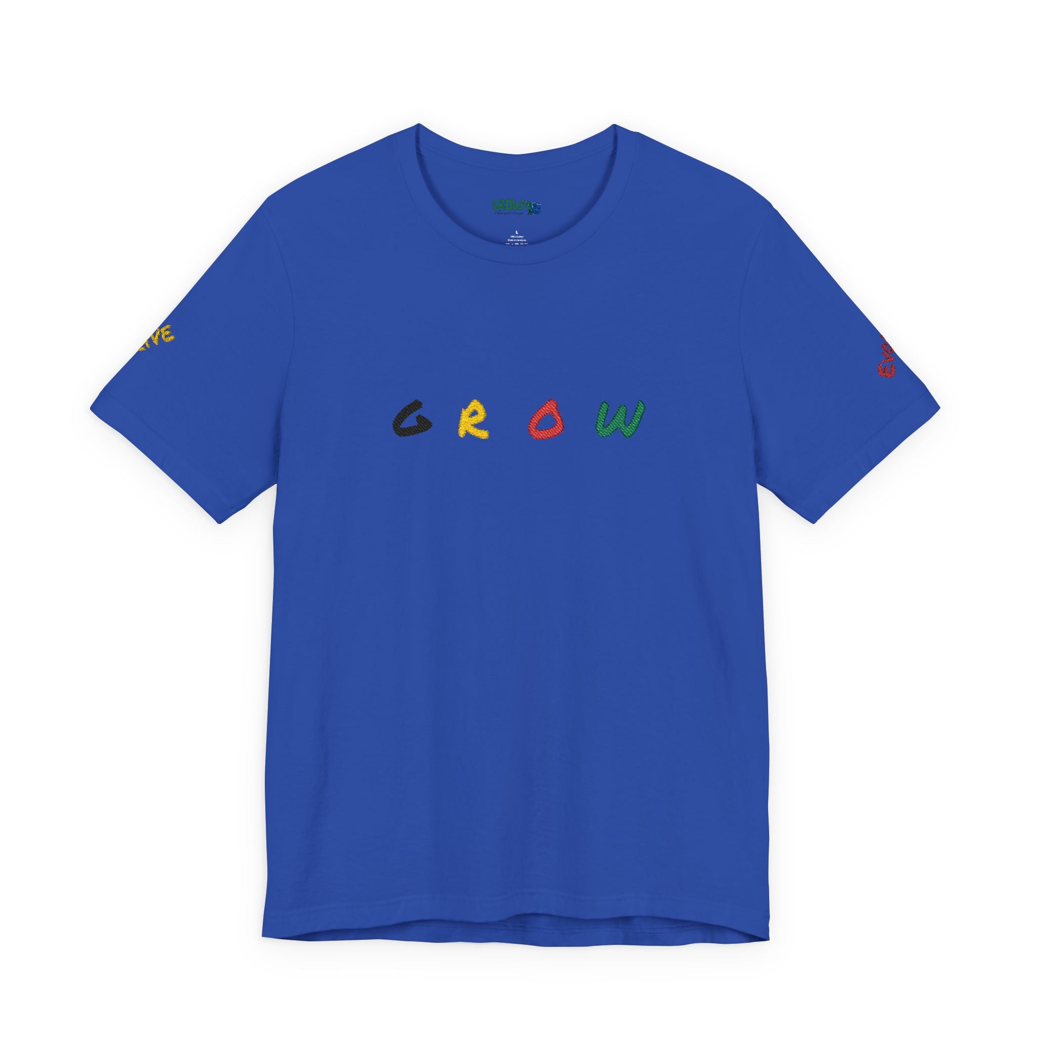 Grow Unisex embroidered Jersey Tee, positive streetwear, Evolve & Thrive on Sleeves