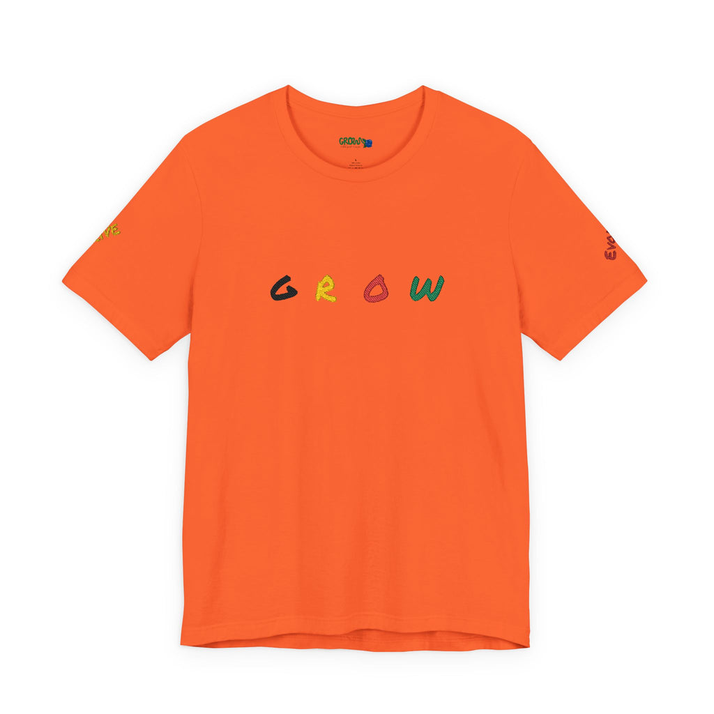 Grow Unisex embroidered Jersey Tee, positive streetwear, Evolve & Thrive on Sleeves
