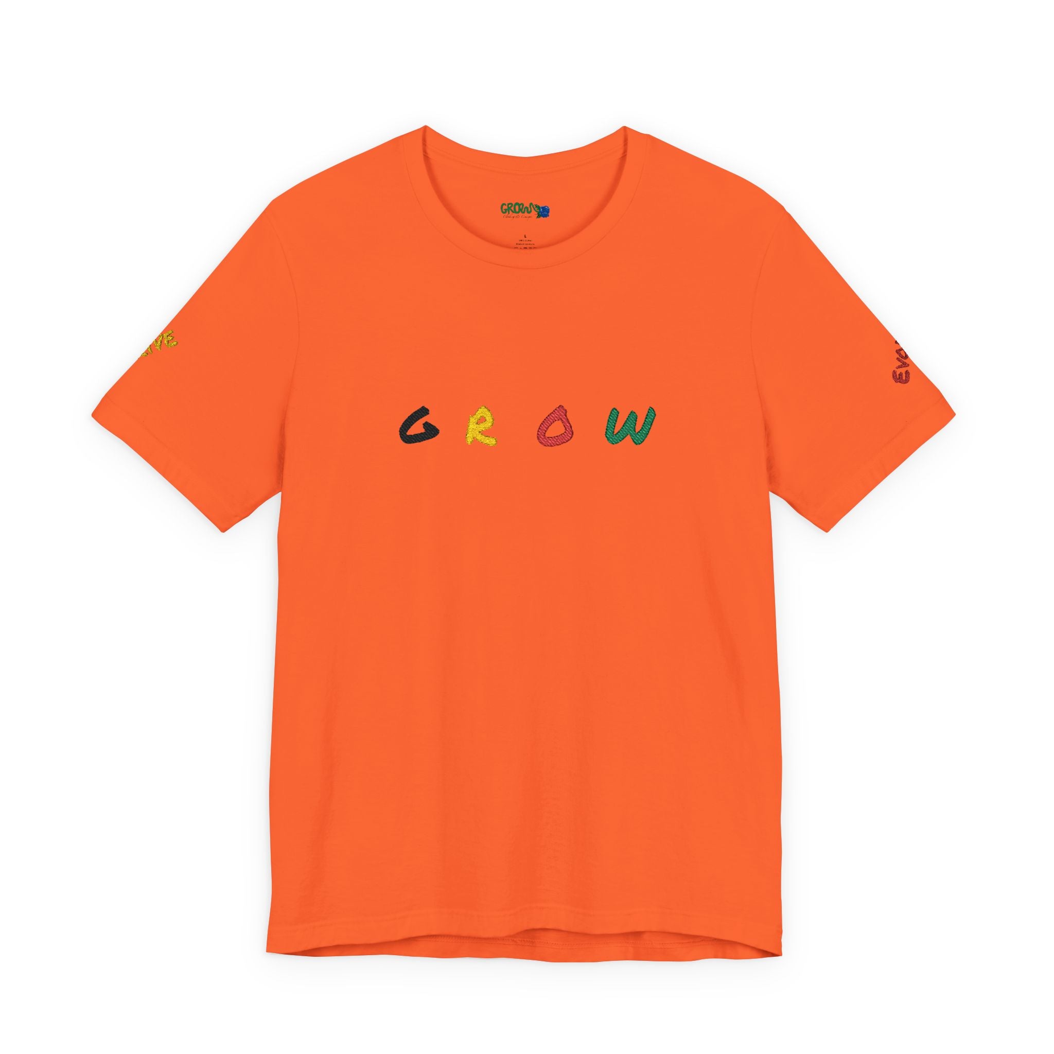Grow Unisex embroidered Jersey Tee, positive streetwear, Evolve & Thrive on Sleeves