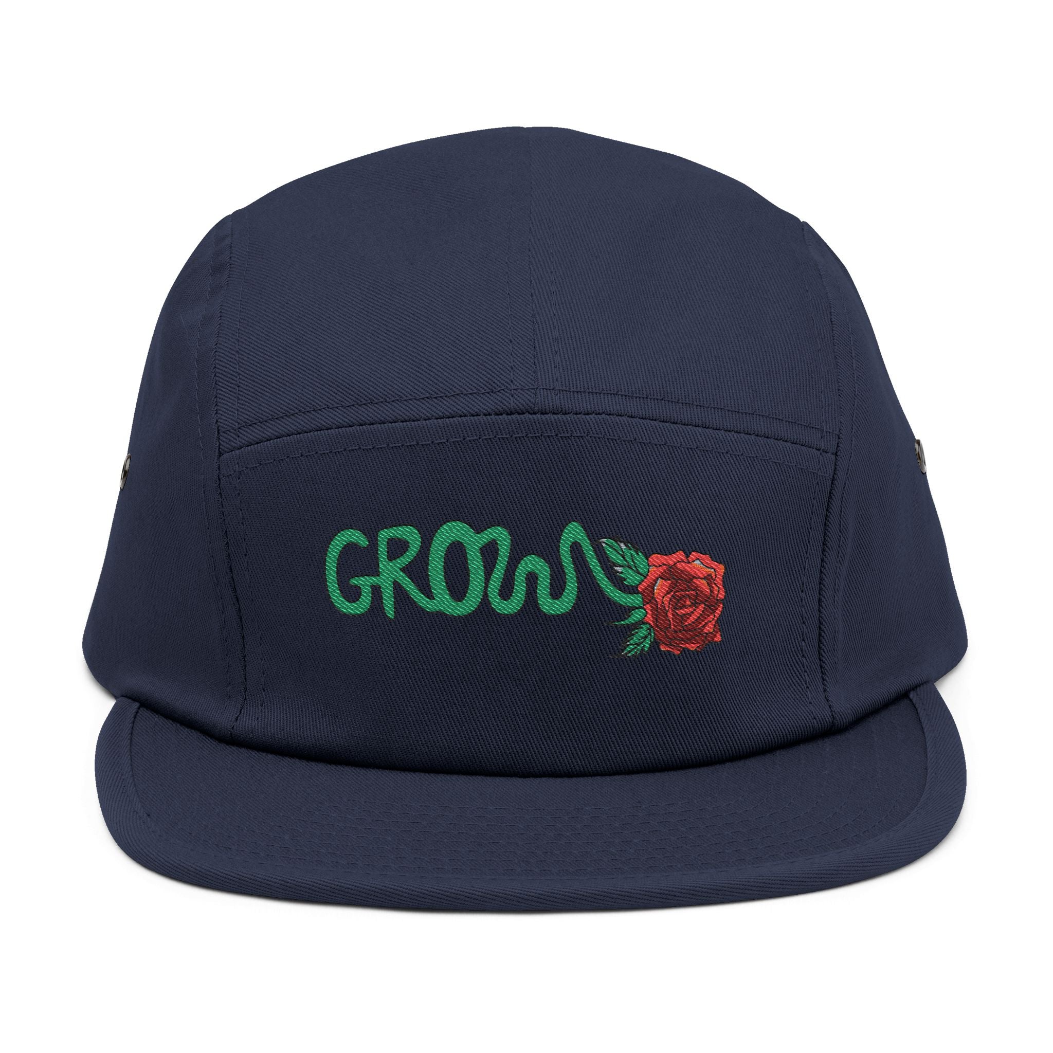 The Grow Clothing™ Embroidered 5 Panel Cap – Grows ICON  Design with rose on the back.