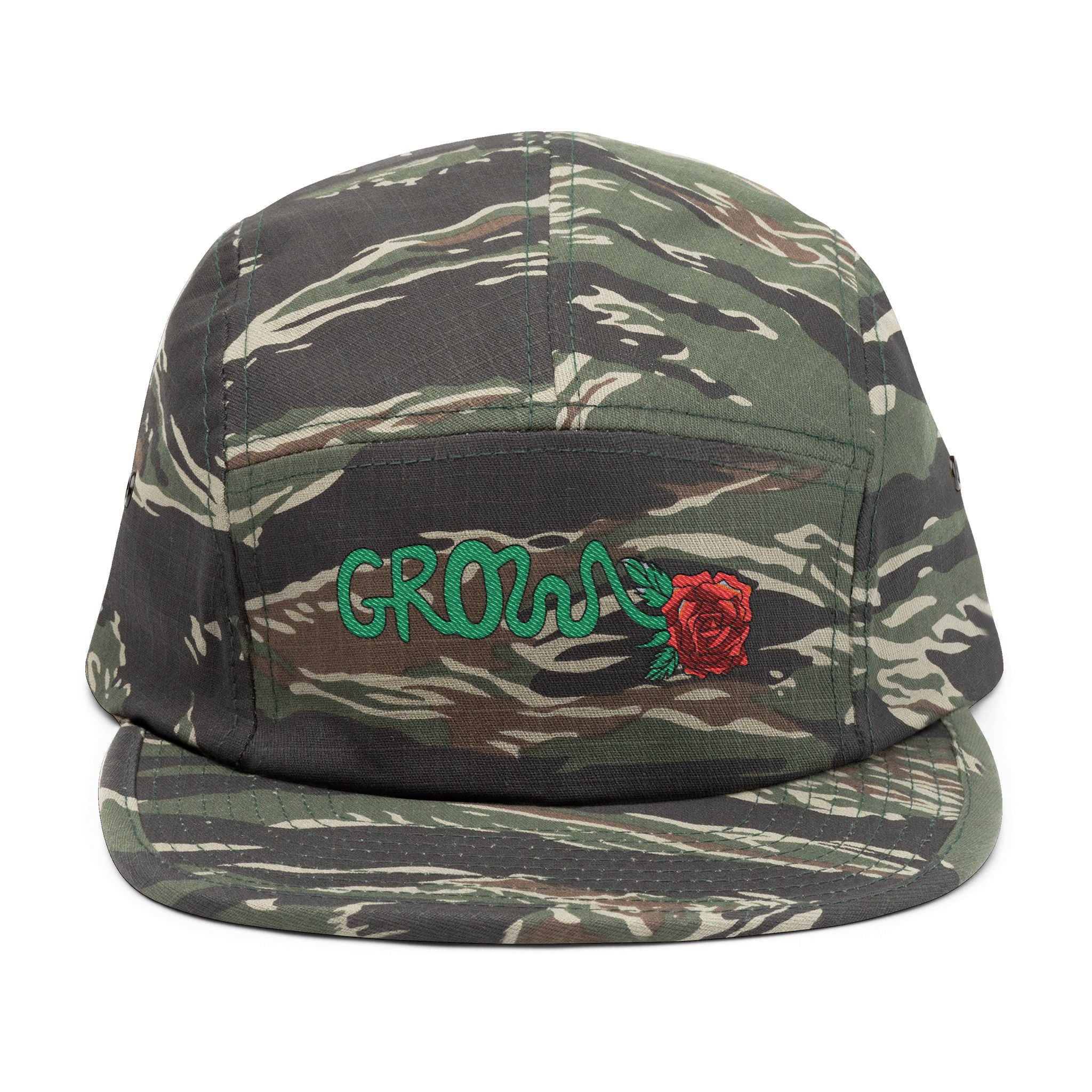 The Grow Clothing™ Embroidered 5 Panel Cap – Grows ICON  Design with rose on the back.