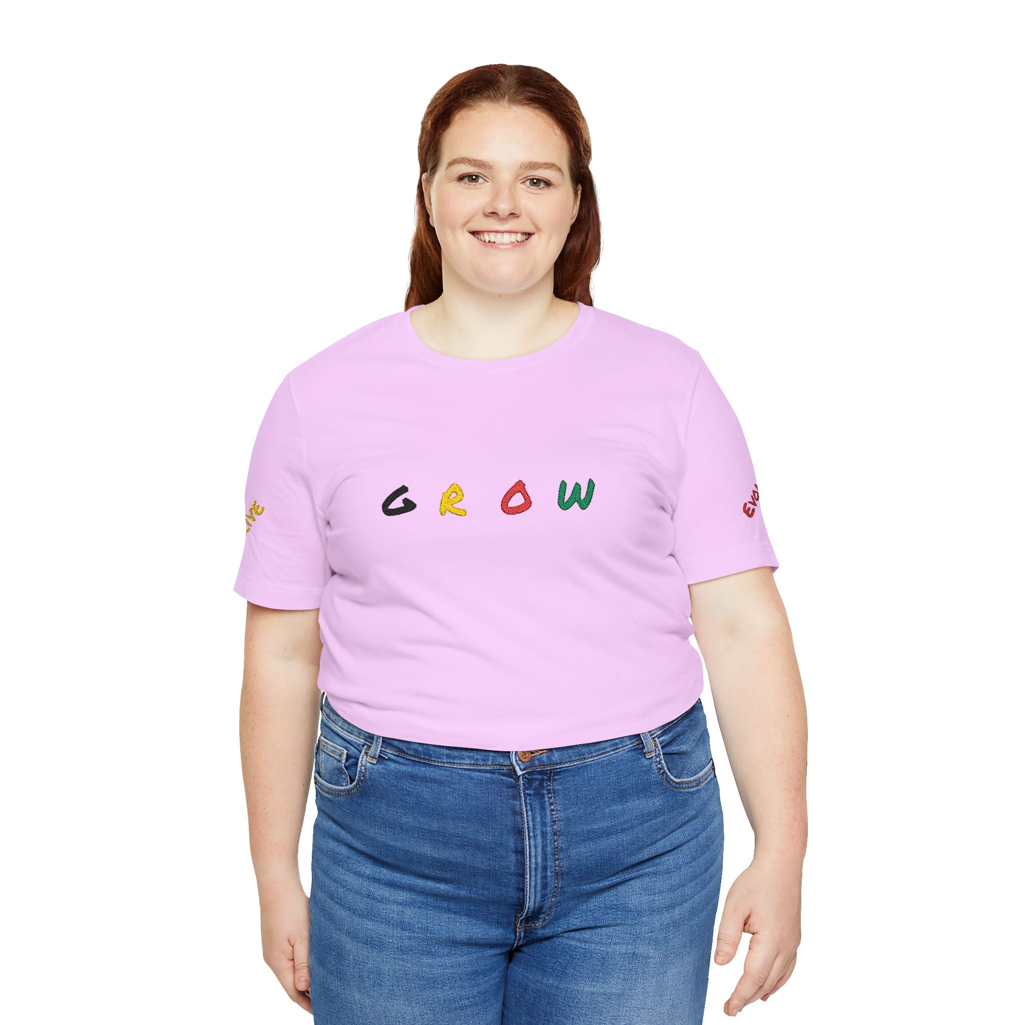Grow Unisex embroidered Jersey Tee, positive streetwear, Evolve & Thrive on Sleeves