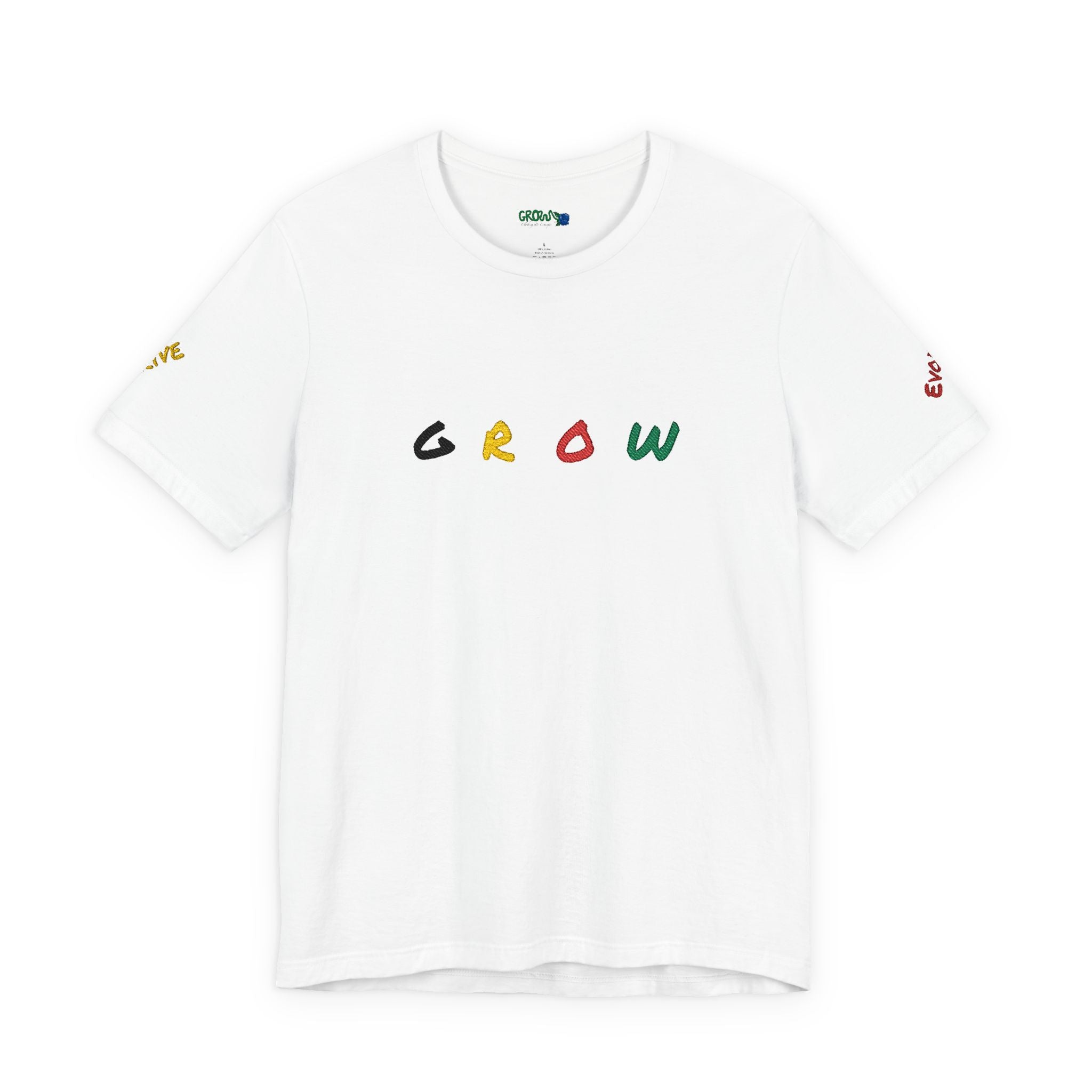 Grow Unisex embroidered Jersey Tee, positive streetwear, Evolve & Thrive on Sleeves