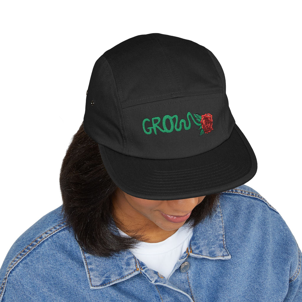 The Grow Clothing™ Embroidered 5 Panel Cap – Grows ICON  Design with rose on the back.