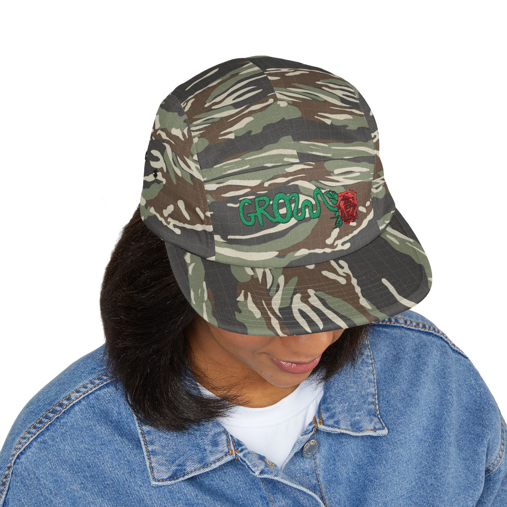 The Grow Clothing™ Embroidered 5 Panel Cap – Grows ICON  Design with rose on the back.