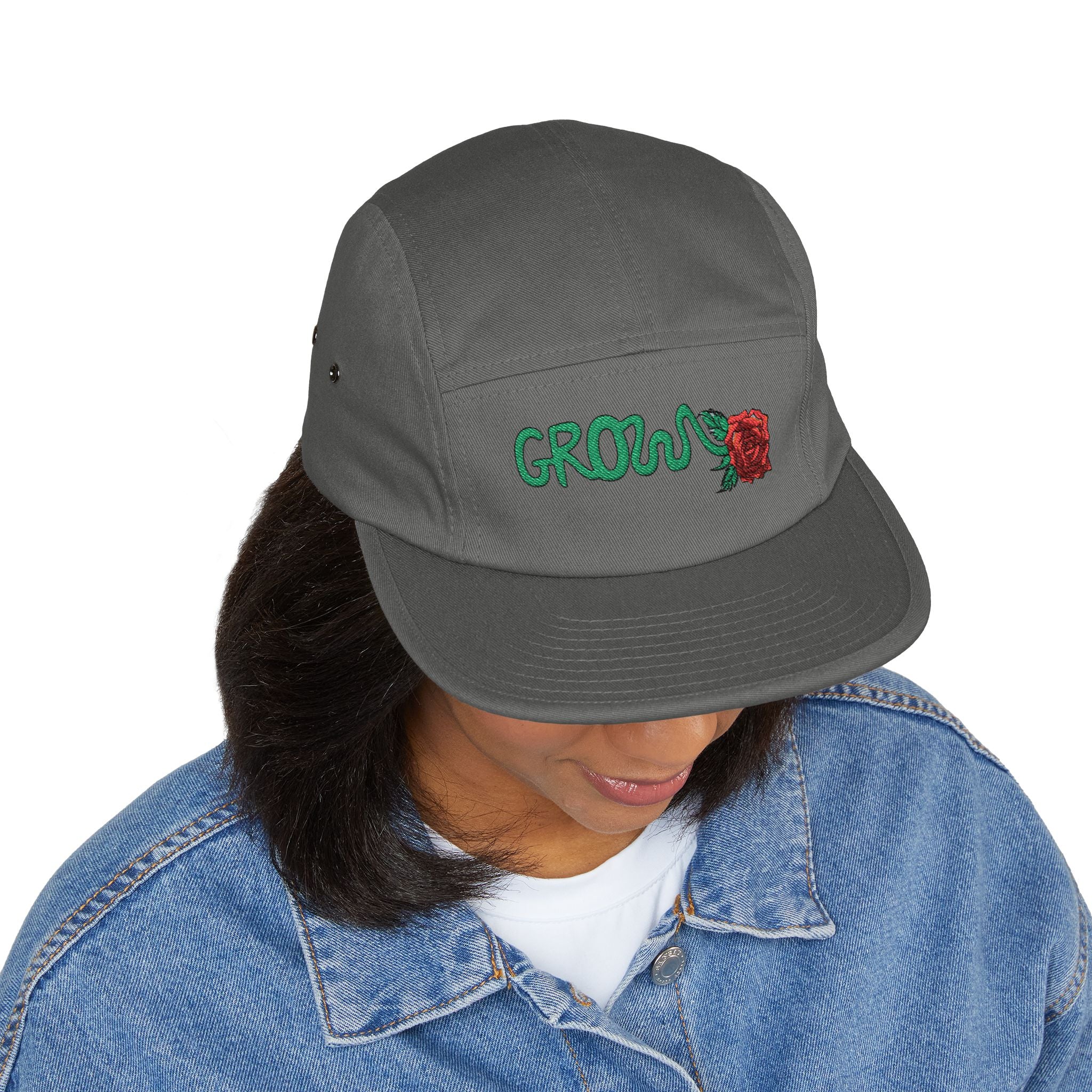 The Grow Clothing™ Embroidered 5 Panel Cap – Grows ICON  Design with rose on the back.