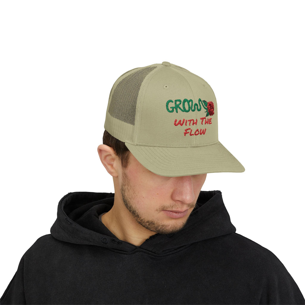 The Grow Clothing™ Embroidered 'Grow with the Flow' Snapback Cap | Mid-Profile Trucker Snapback Hat - Unisex, comfortable, affordable